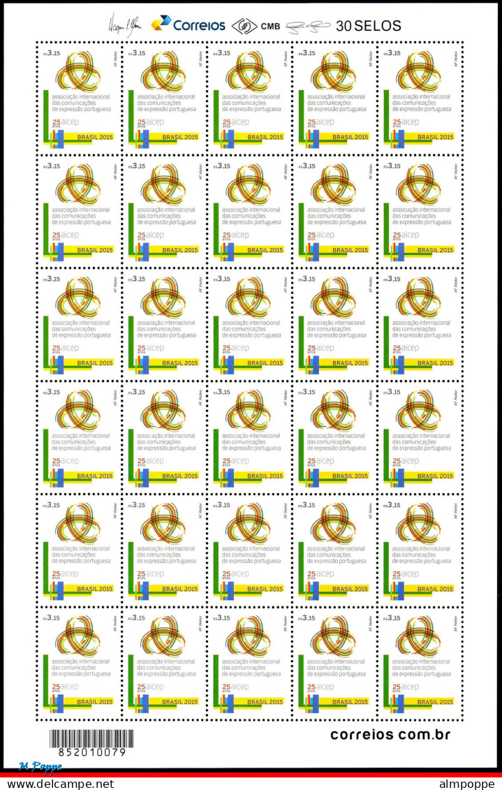 Ref. BR-3300-FO BRAZIL 2015 - WITH PORTUGAL ETC, AICEP,INTL.ASSOC.COMM.PORTUGUESE,SHEET MNH, JOINT ISSUE 30V Sc# 3300 - Blocks & Kleinbögen
