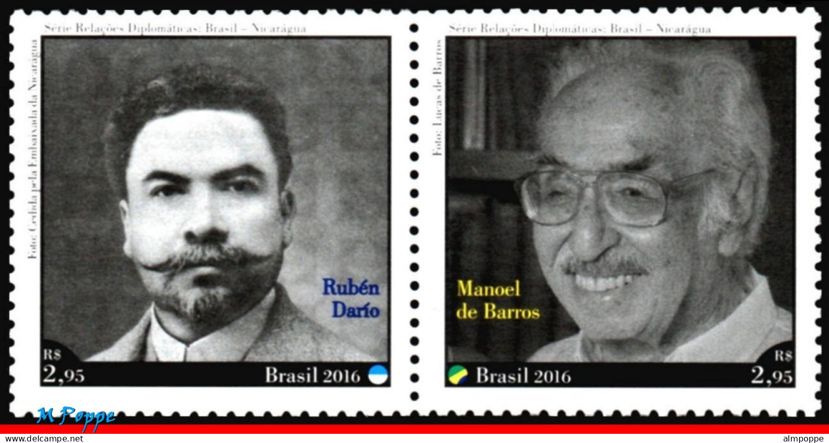 Ref. BR-V2016-02-F BRAZIL 2016 - WITH NICARAGUA, MANOEL DEBARROS & RUBEN DARIO, POETS, SHEET MNH, RELATIONSHIP 24V - Blocs-feuillets