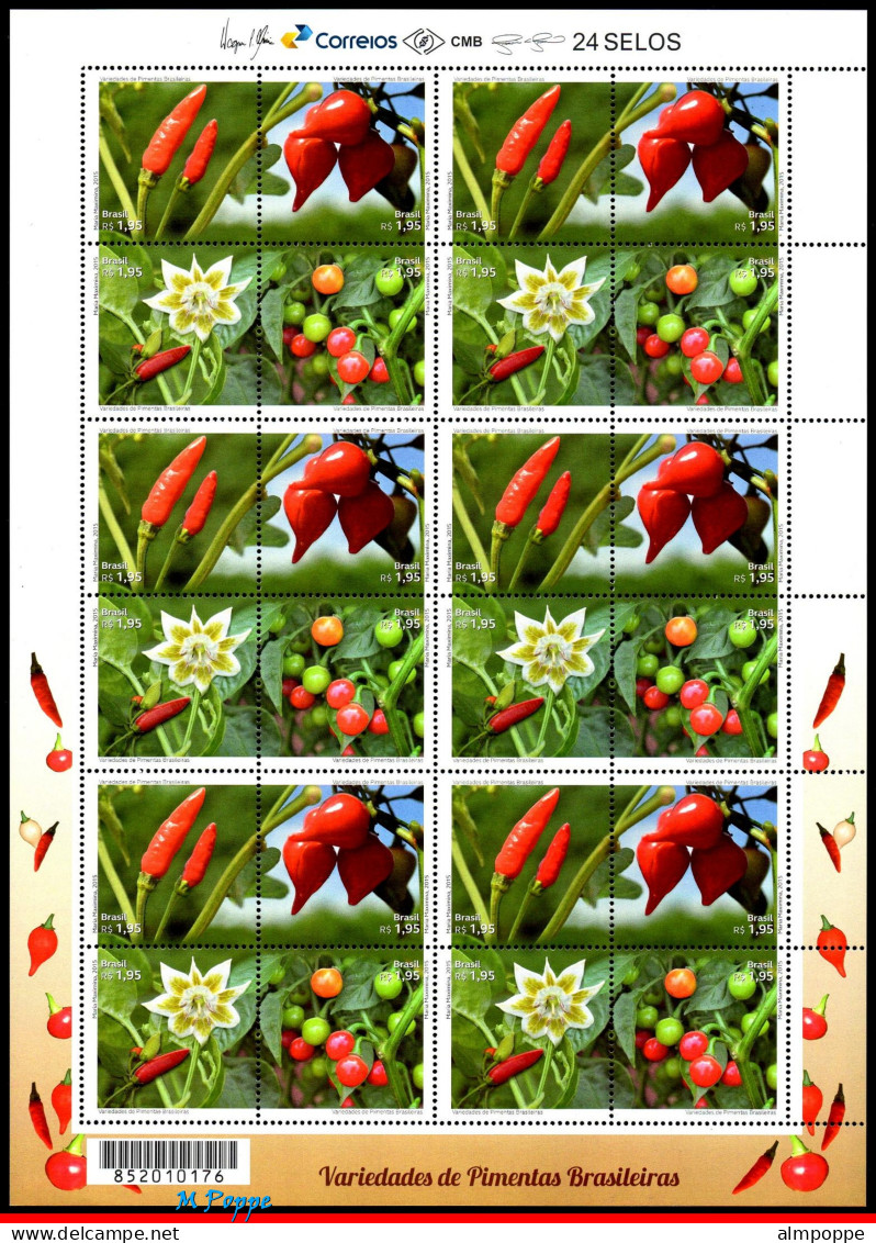 Ref. BR-3315-FO BRAZIL 2015 - VARIETIES OF BRAZILIANPEPPERS, FRUIT, SHEET MNH, FLOWERS, PLANTS 24V Sc# 3315 - Blocks & Sheetlets