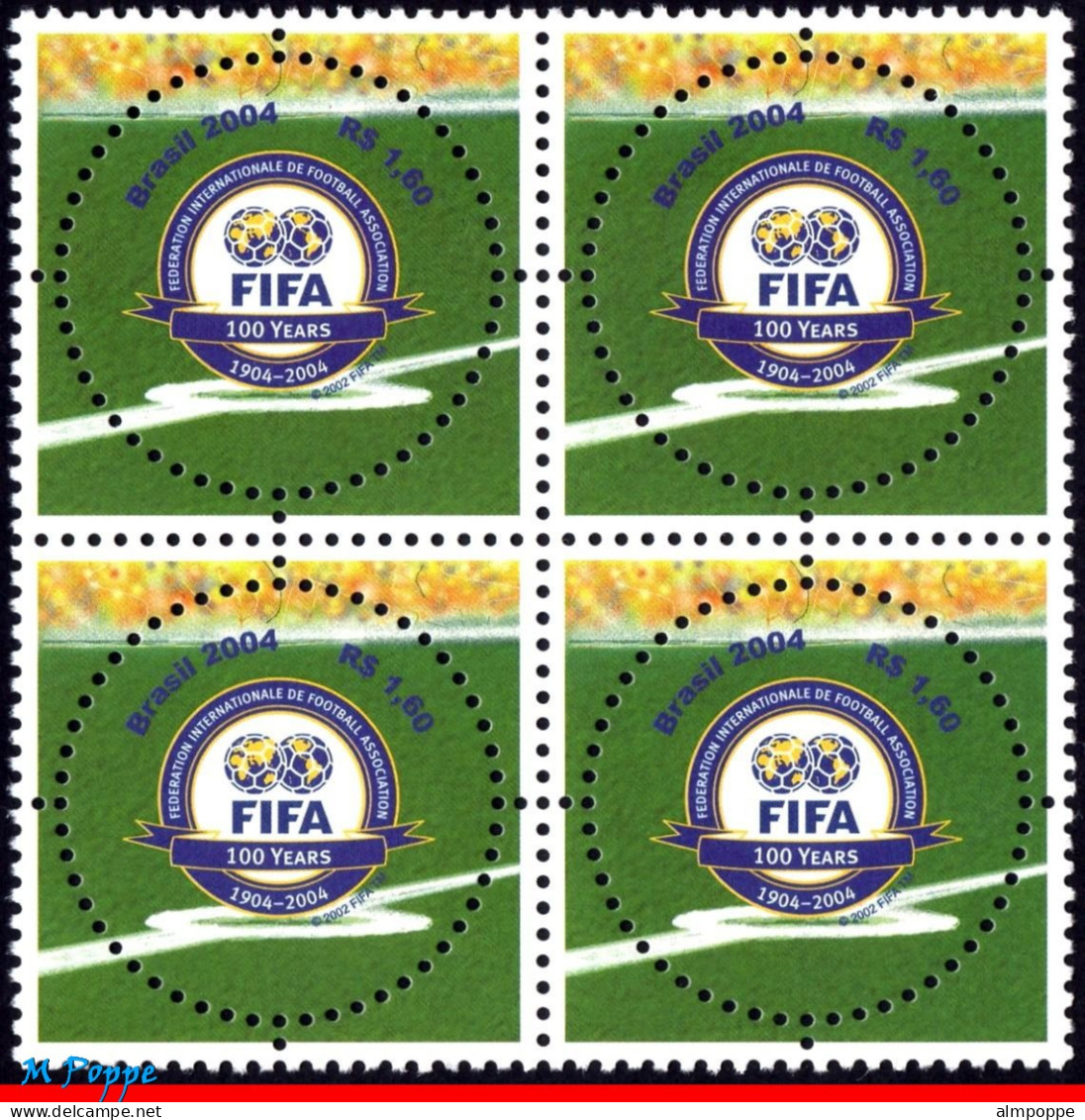 Ref. BR-2924-Q BRAZIL 2004 - FIFA CENTENARY, SPORT,MI# 3357, BLOCK MNH, FOOTBALL SOCCER 4V Sc# 2924 - Blocks & Sheetlets