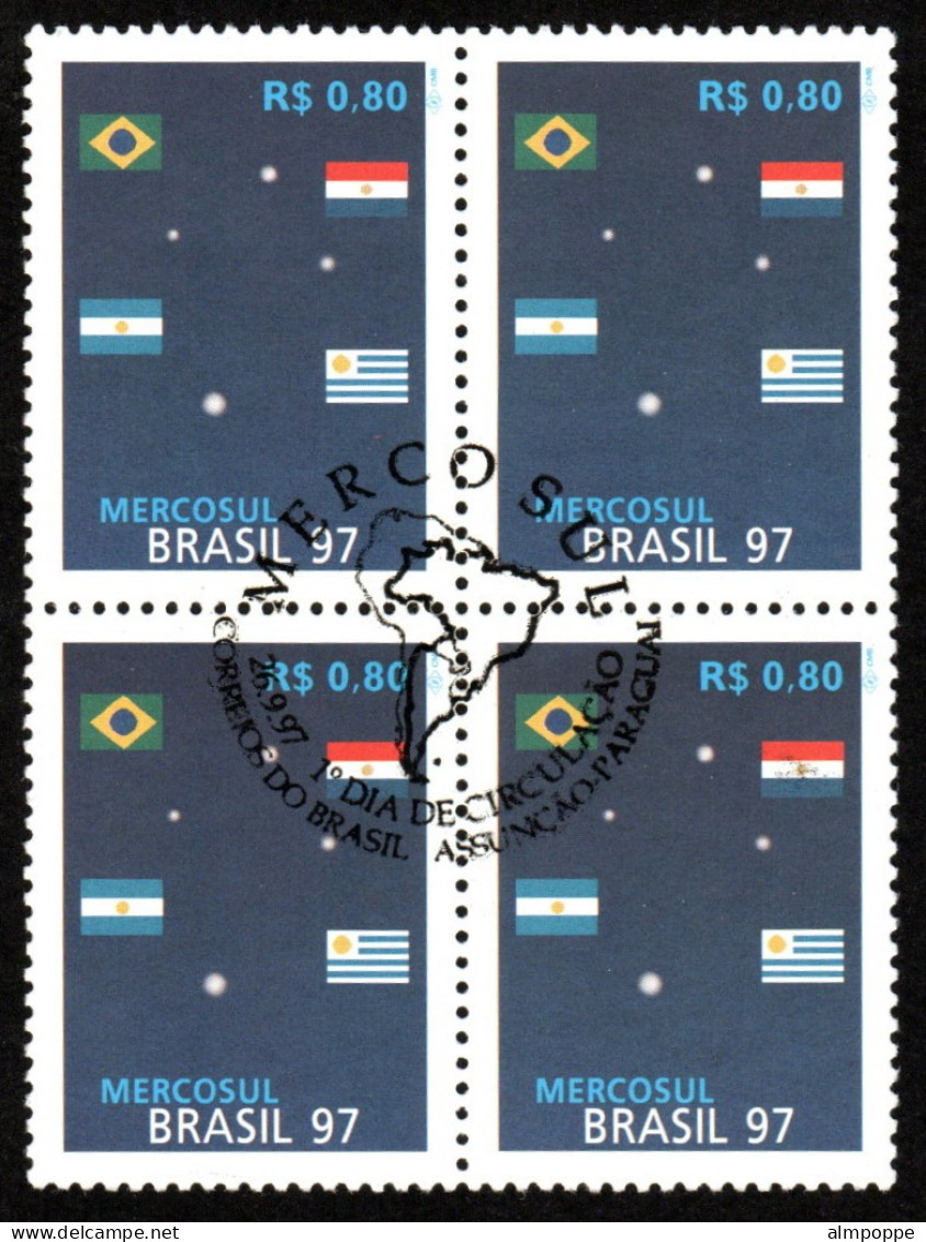 Ref. BR-2646-QC BRAZIL 1997 - WITH ARGENTINA URUGUAY +,MERCOSUL, MI# 2768, POSTMARK 1ST DAY, NH, JOINT ISSUE 4V Sc# 2646 - Used Stamps