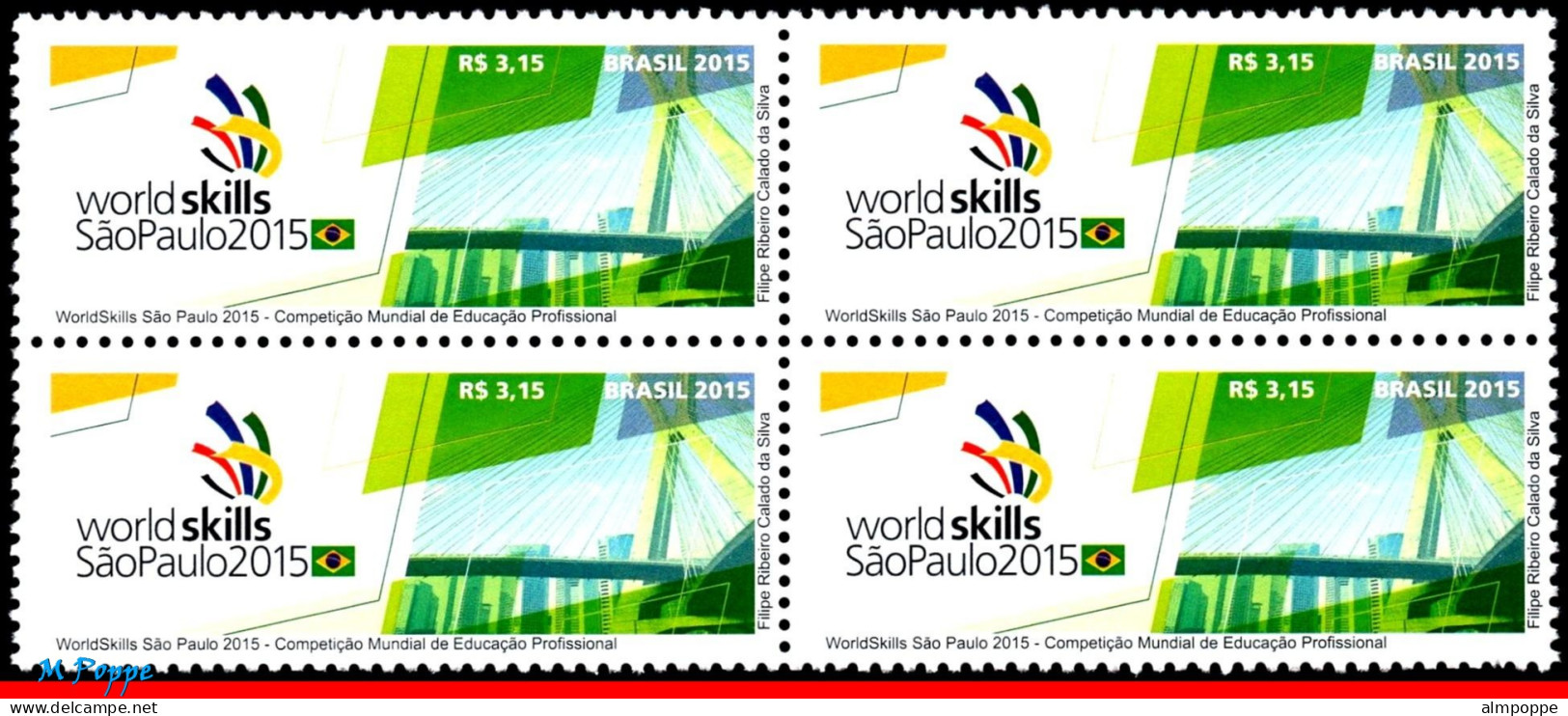 Ref. BR-3295-Q BRAZIL 2015 - WORLDSKILLS SAO PAULO,WORLD�S COMPETITTION, BRIDGE, BLOCK MNH, EDUCATION 4V Sc# 3295 - Blokken & Velletjes