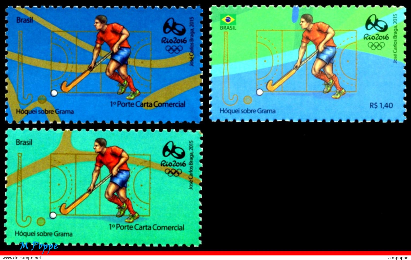 Ref. BR-OLYM-E23 BRAZIL 2015 - OLYMPIC GAMES, RIO 2016,HOCKEY, STAMPS OF 3RD & 4TH SHEET, MNH, SPORTS 3V - Hockey (sur Gazon)