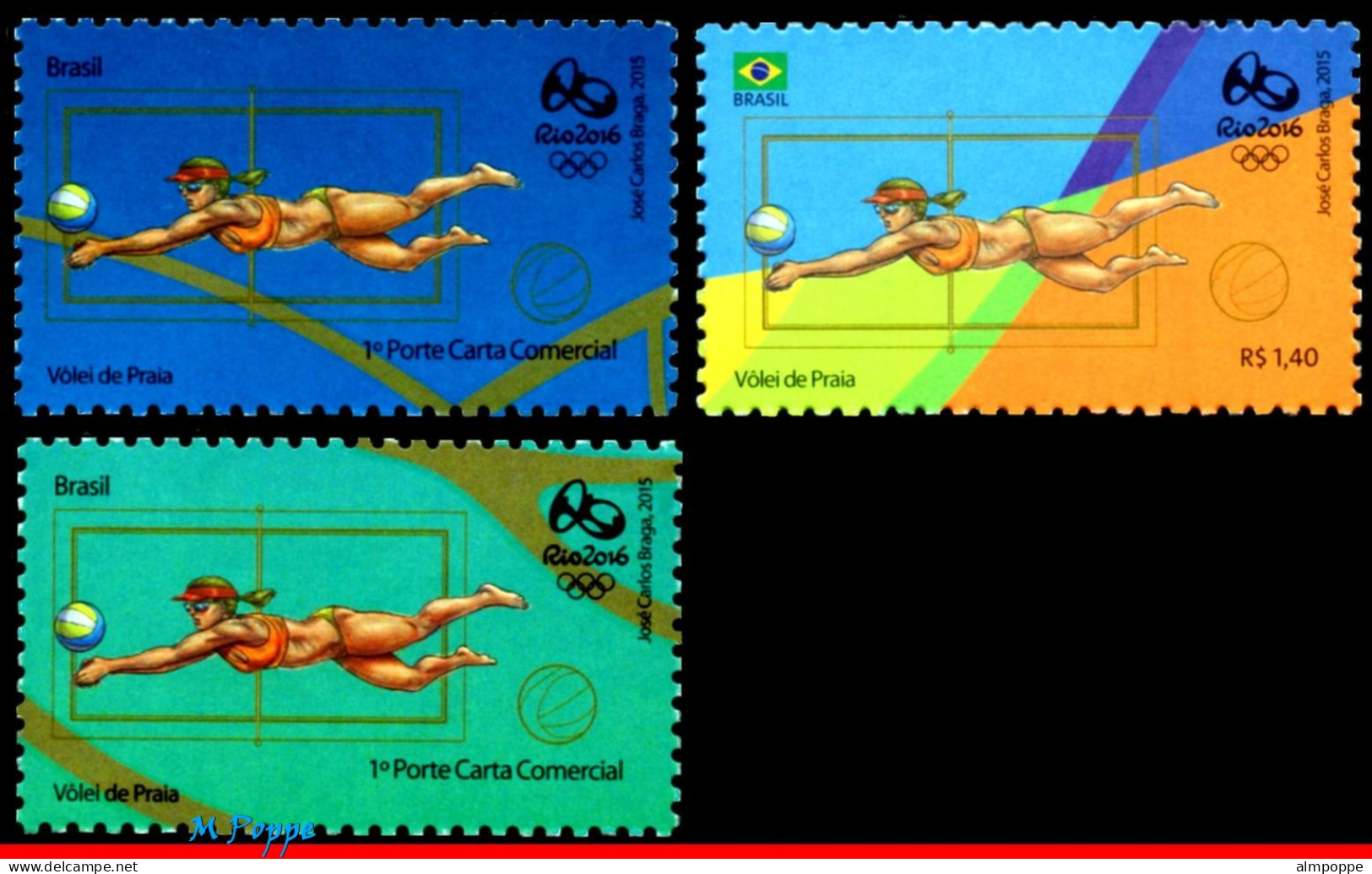 Ref. BR-OLYM-E25 BRAZIL 2015 - OLYMPIC GAMES, RIO 2016,VOLLEYBALL,STAMPS OF 3RD & 4TH SHEET,MNH, SPORTS 3V - Volleyball