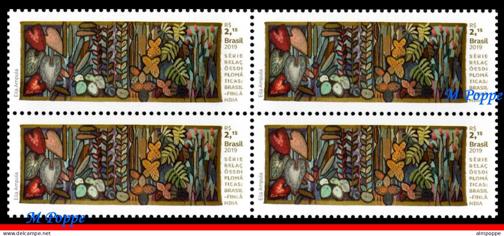 Ref. BR-V2019-31-Q BRAZIL 2019 - DIPLOMATIC RELATIONS WITHFINLAND, ART BY EILA AMPULA, BLOCK MNH, RELATIONSHIP 4V - Blocks & Kleinbögen