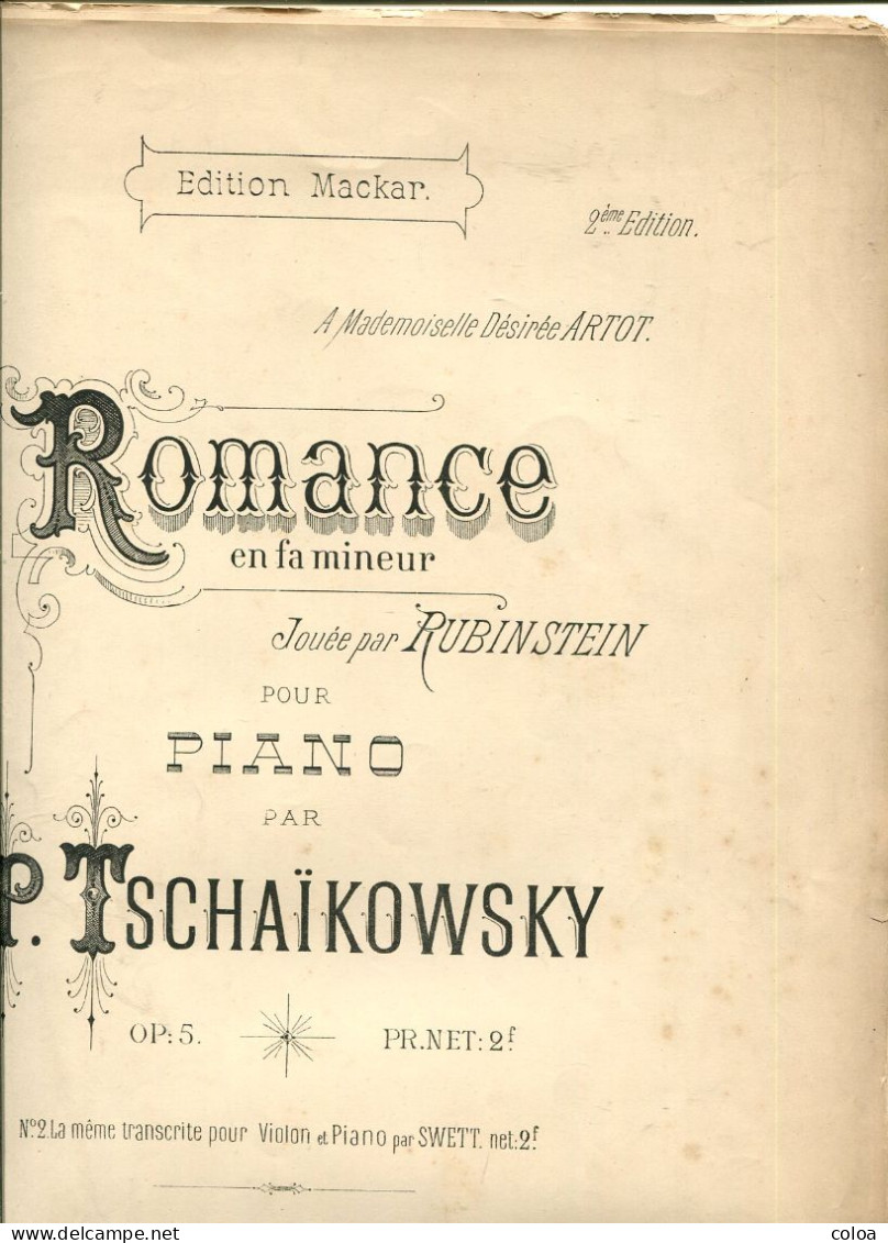 Partition Romance En Fa Mineur Jouée Par Rubinstein Par Tchaïkovski 1886 - S-U