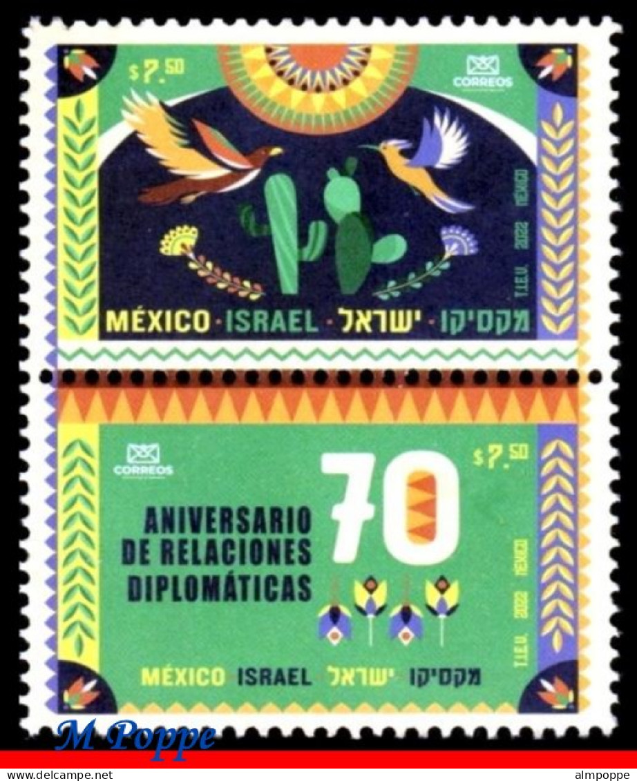 Ref. MX-V2022-22 MEXICO 2022 - WITH ISRAEL, 70 YEARS OFDIPL. RELATIONS, CACTUS, BIRDS, MNH, JOINT ISSUE 2V - Joint Issues