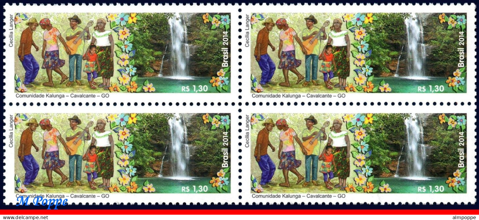 Ref. BR-3284-Q BRAZIL 2014 - KALUNGA COMMUNITY - GO,CULTURE, WATERFALL, DANCE, FLOWERS, MNH, MUSIC 4V Sc# 3284 - Blocks & Sheetlets