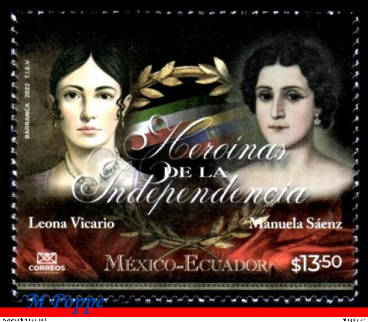 Ref. MX-V2022-18 MEXICO 2022 - HEROINES OF INDEPENDENCE,JOINT ISSUE ECUADOR, MNH, FAMOUS PEOPLE 1V - Joint Issues