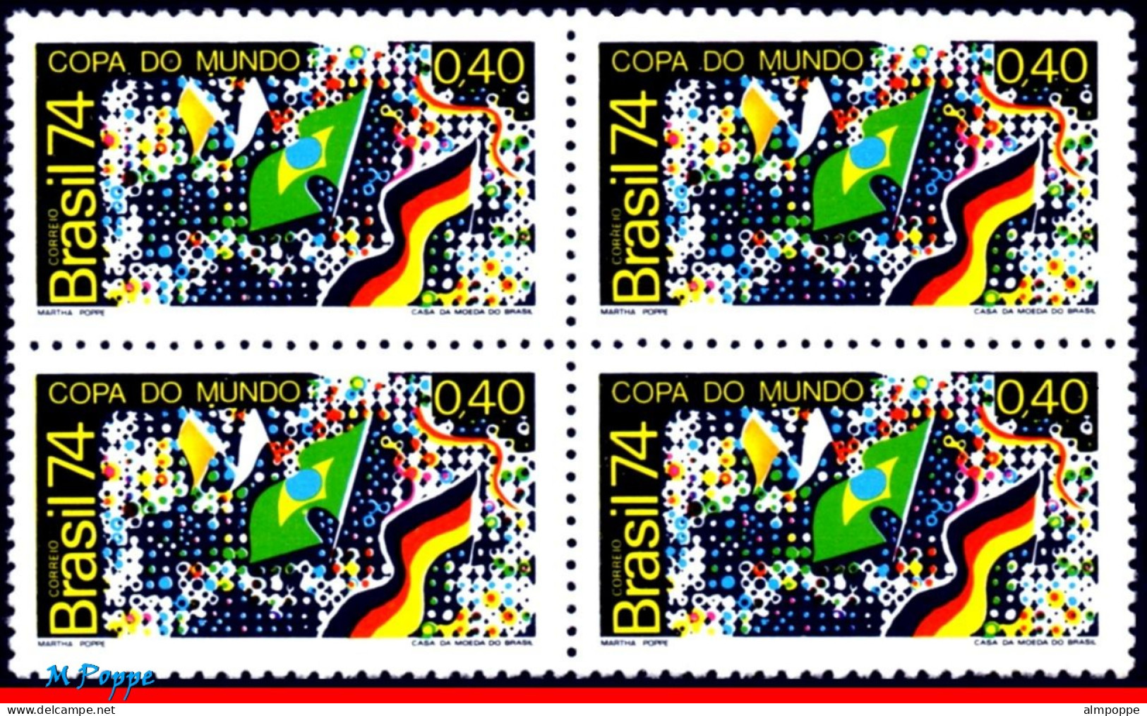 Ref. BR-1356-Q BRAZIL 1974 - WORLD CUP, FIFA,VICTORY GERMANY,FLAGS,MI#1445,BLOCK MNH, FOOTBALL SOCCER 4V Sc# 1356 - Blocks & Sheetlets