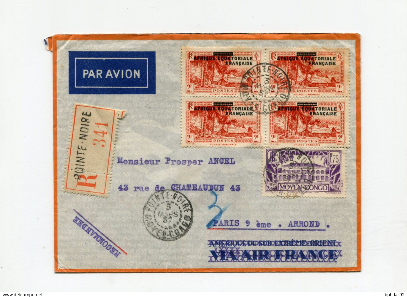 !!! AEF, LETTRE RECOMMANDEE PAR AVION DE POINTE NOIRE POUR PARIS DE 1937 - Cartas & Documentos