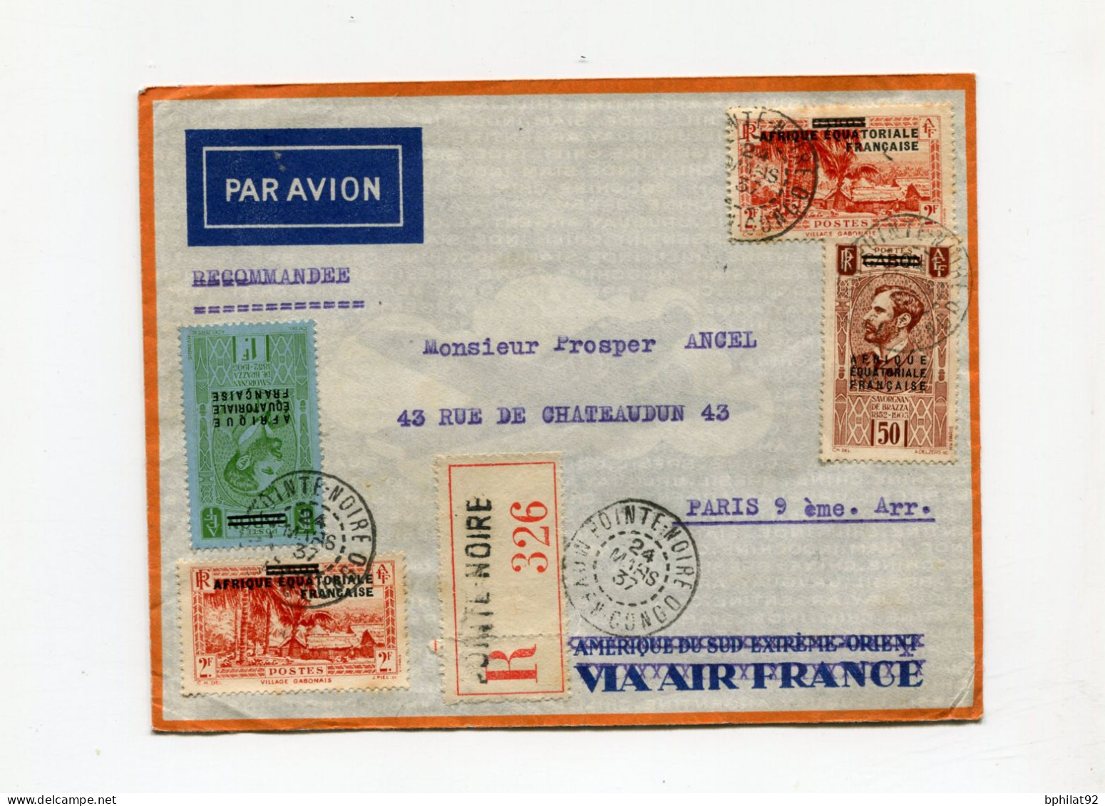 !!! AEF, LETTRE RECOMMANDEE PAR AVION DE POINTE NOIRE POUR PARIS DE 1937 - Cartas & Documentos
