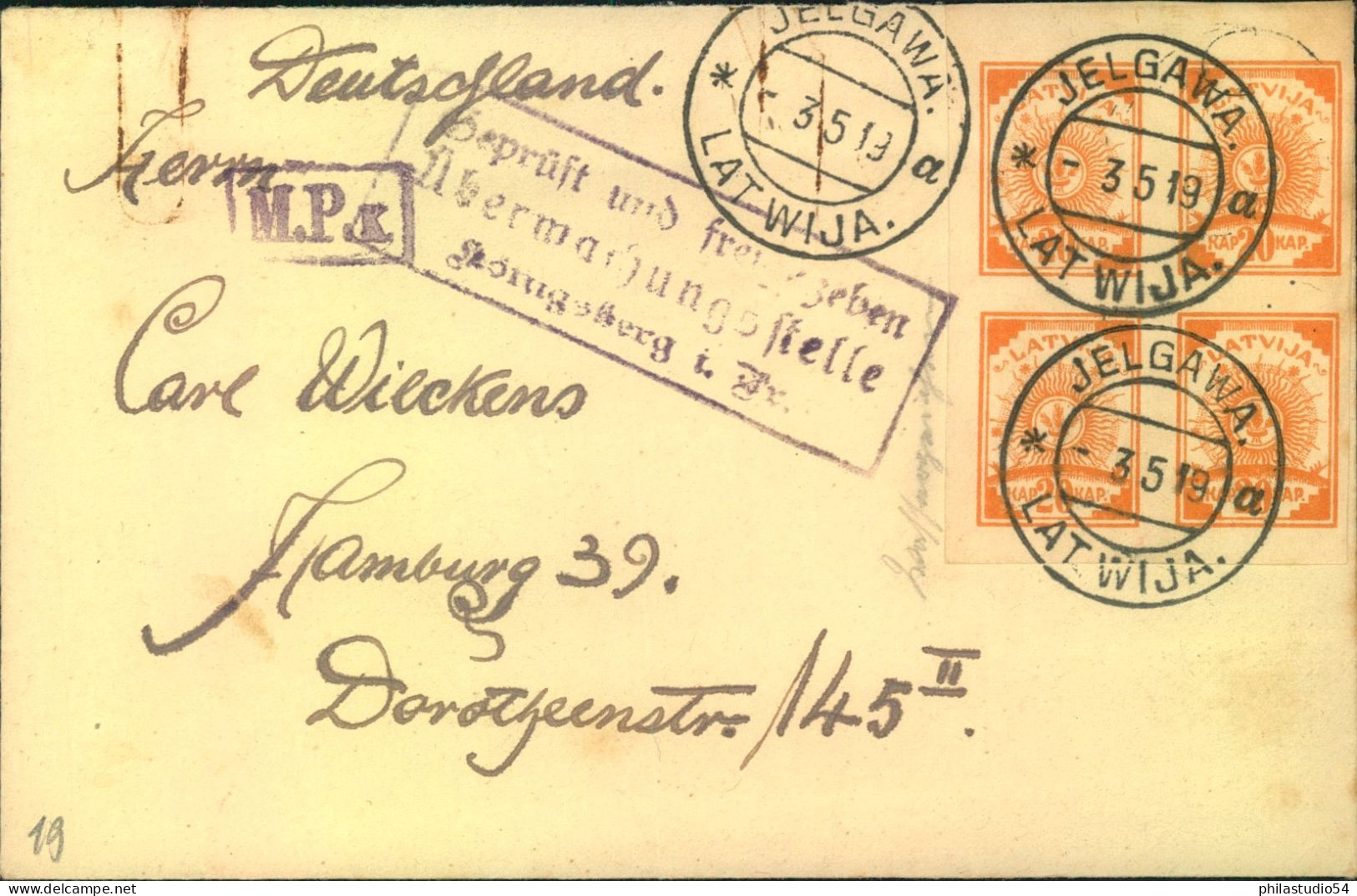 1919, Letter From JELGAWAR To Hamburg With Beautiful Block Of Four20 Kop Orange. Military Censor - Lettland