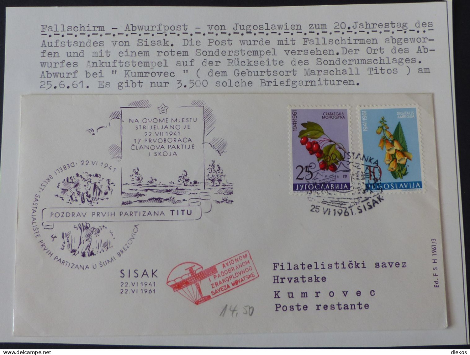 Jugoslawien Fallschirm Abwurfpost  1961 #cover5655 - Parachutisme