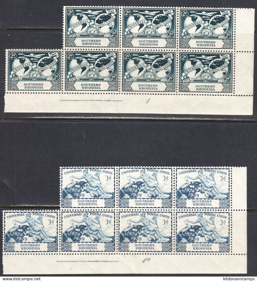 Southern Rhodesia 1949 UPU Mint No Hinge, Imprint Corner Blocks Of 7, Sc# 71-72, SG 68-69 - Rhodésie Du Sud (...-1964)