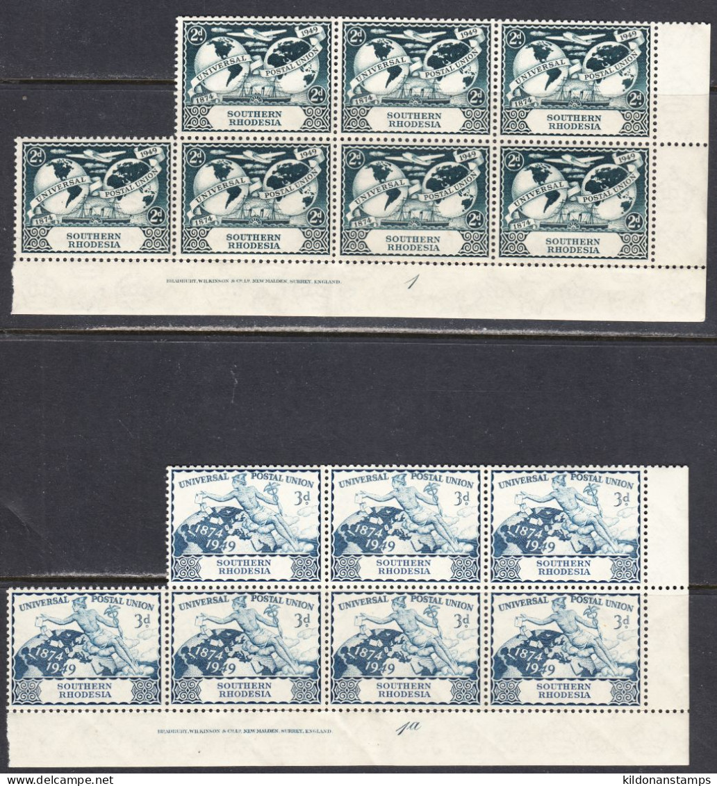 Southern Rhodesia 1949 UPU Mint No Hinge, Imprint Corner Blocks Of 7, Sc# 71-72, SG 68-69 - Rodesia Del Sur (...-1964)