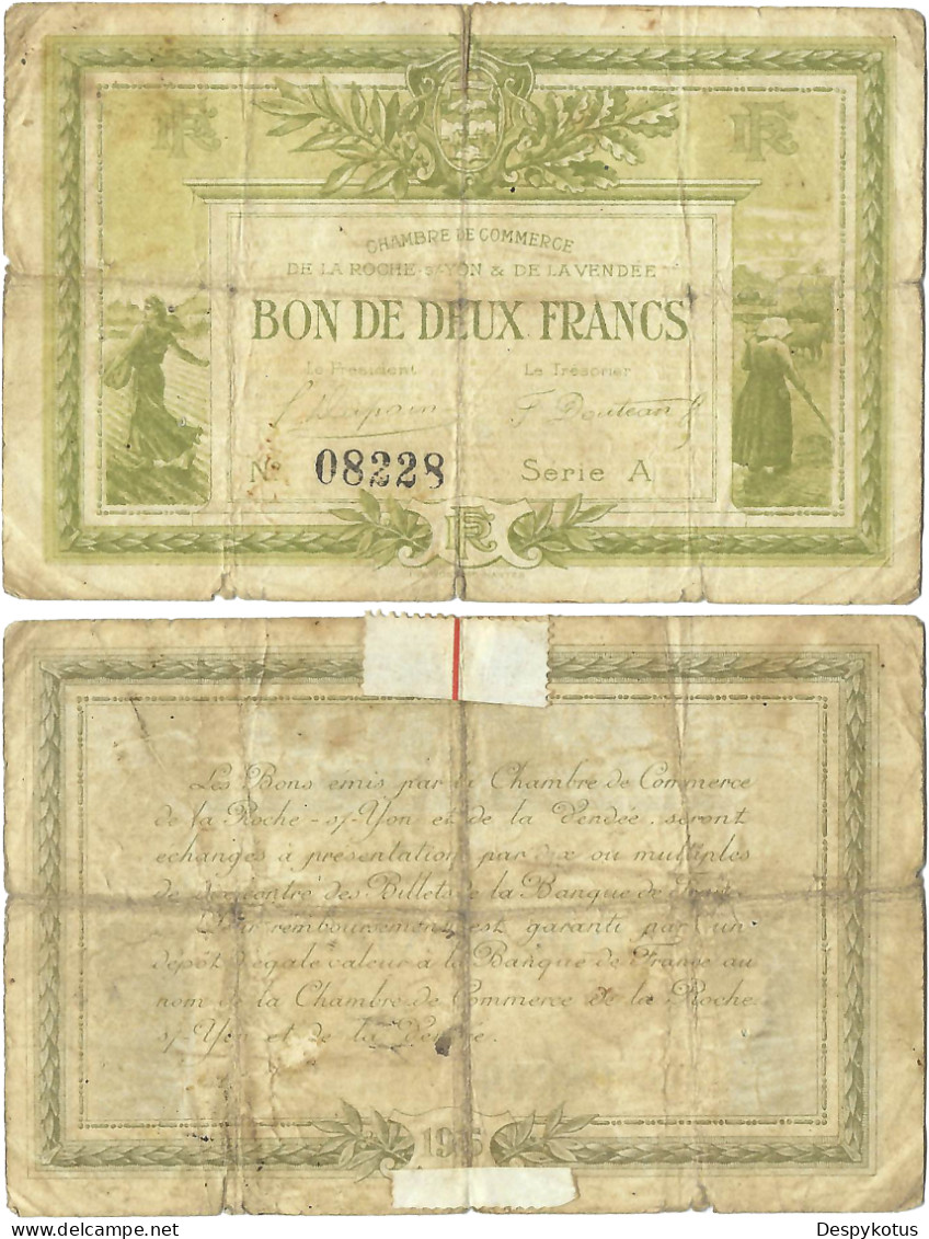 France - BILLET - Chambre De Commerce De La ROCHE-SUR-YON - DEUX FRANCS - 1915 - JP.065.10 - 15-284 - Bons & Nécessité