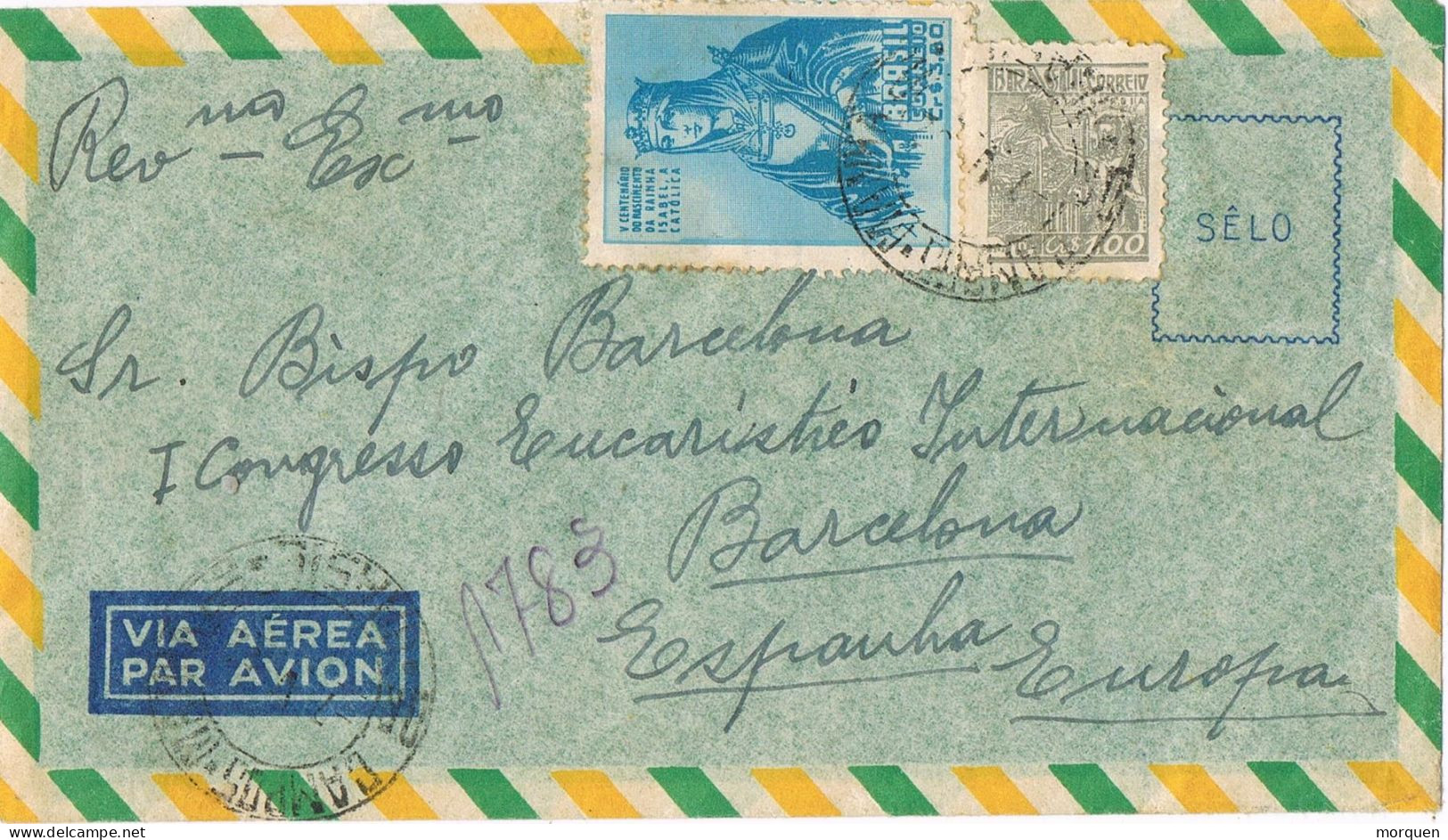 52483. Carta Certificada Aerea CAMPOS (Rio De Janeiro) Brasil 1950 A Barcelona, Sello Isabel Catolica - Covers & Documents