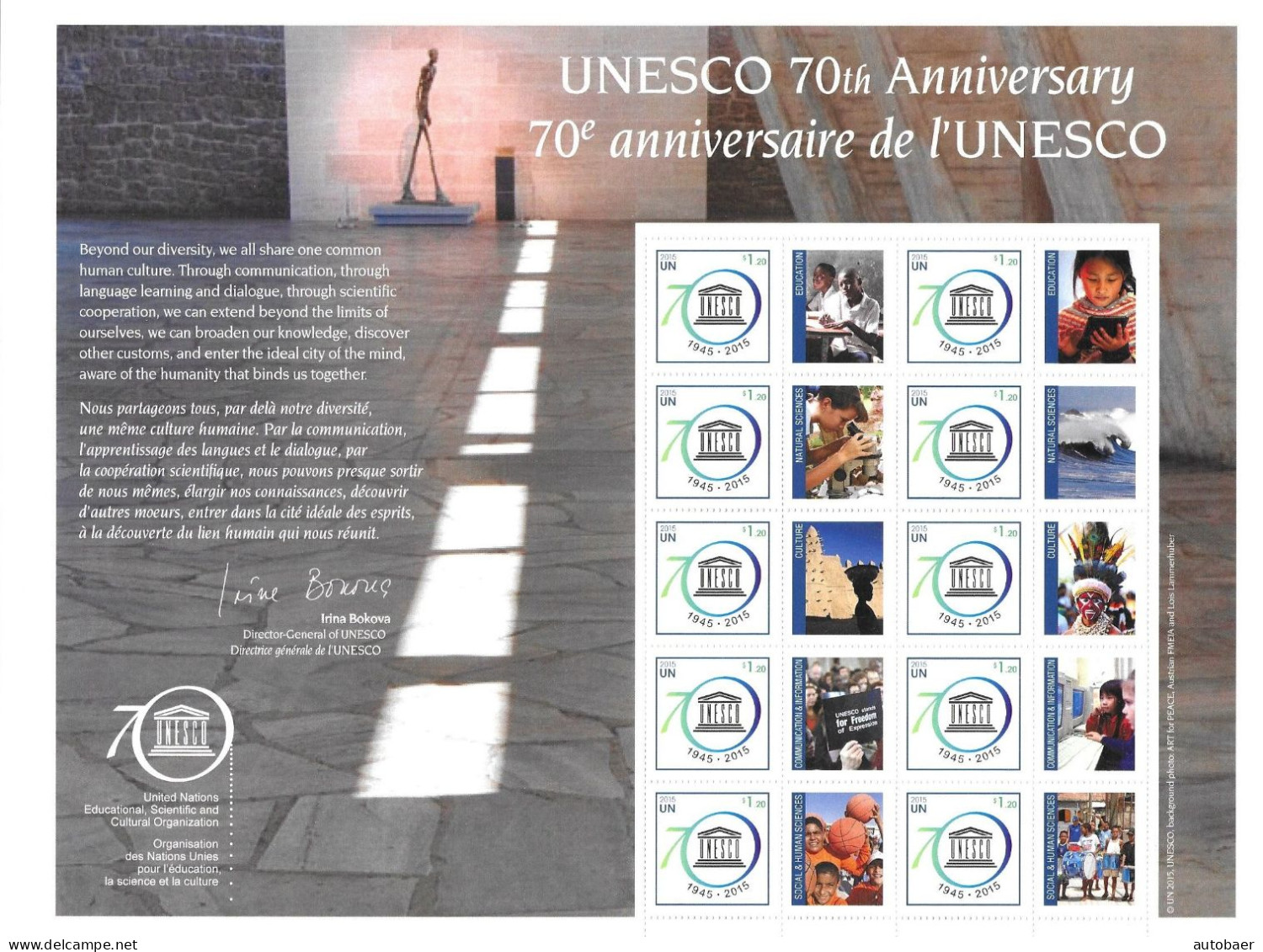 United Nations UNO UN Vereinte Nationen New York 2015 Unesco 70 Years Michel No. 1497 MNH ** Not Folded - Blocs-feuillets