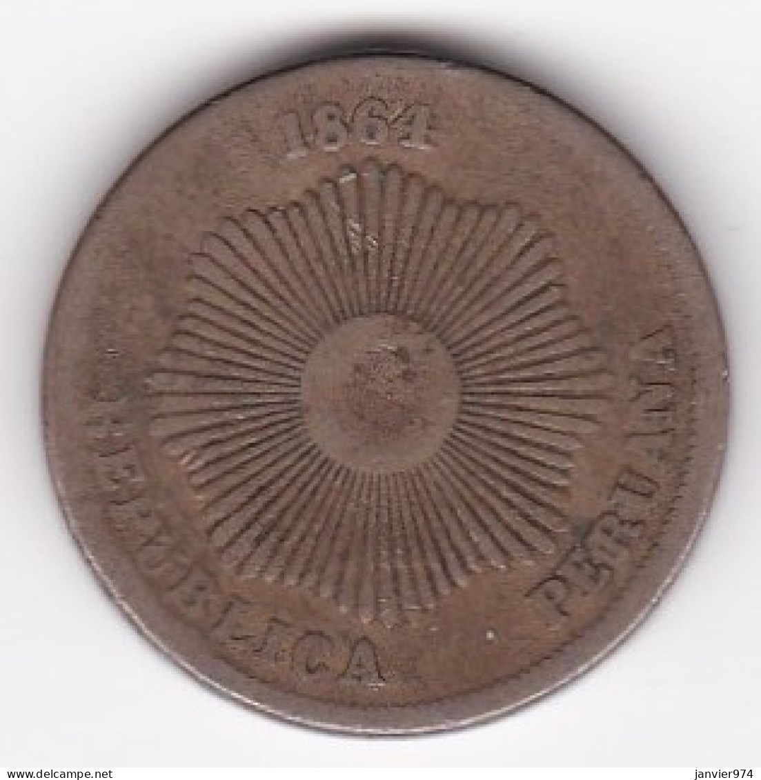 Perou 2 Centavos 1864, En Cupronickel, KM# 188 - Peru