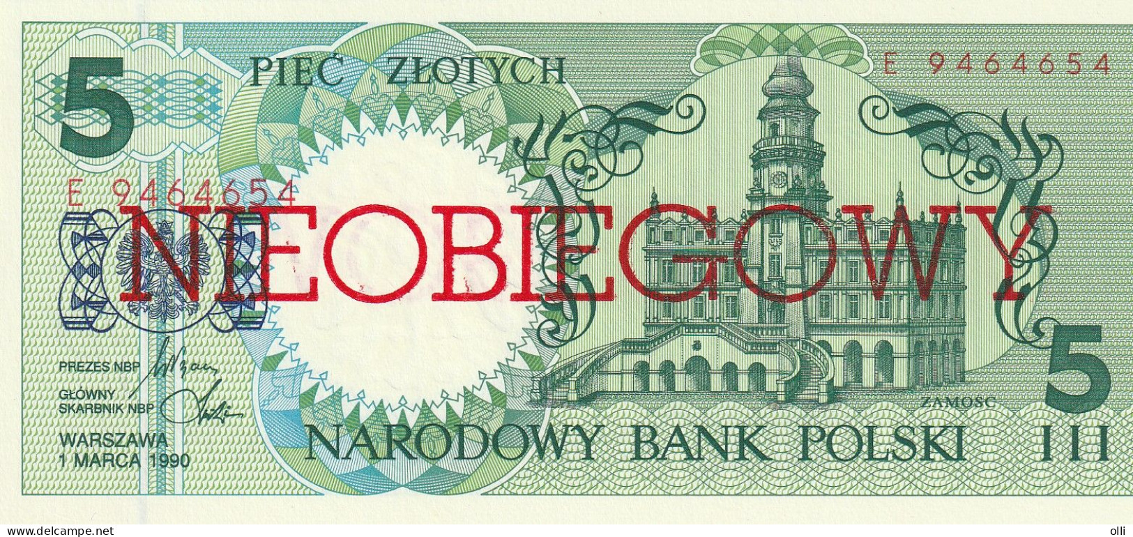 POLAND 1990 5 ZLOTYCH NIEOBIEGOWY  1990 P-166 UNC - Pologne