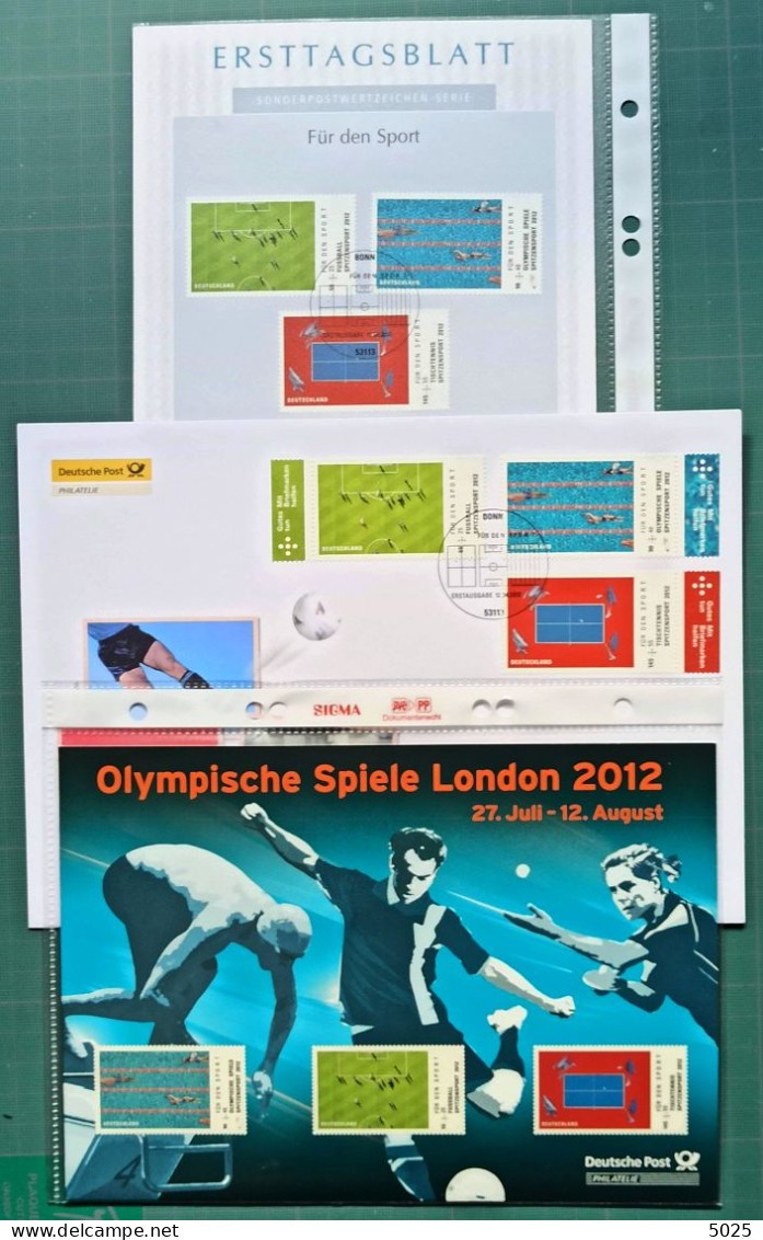 2012 - ALLEMAGNE - JO Londres - Lots Encarts Et Enveloppe FDC - Tennis Table Tischtennis Football Natation EGT - Summer 2012: London