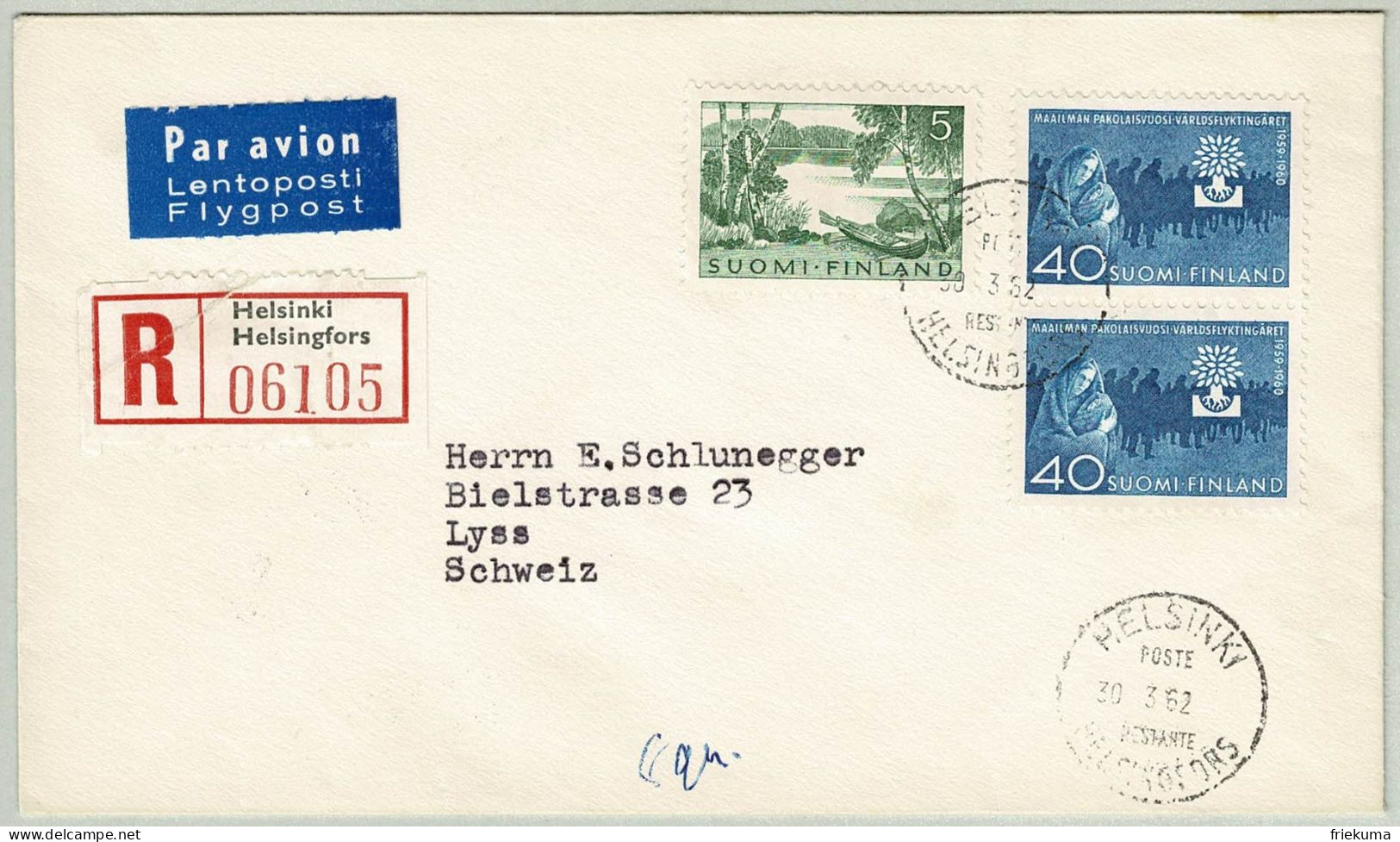 Finnland / Finland 1962, Brief Einschreiben Helsinki - Lyss (Schweiz) - Storia Postale