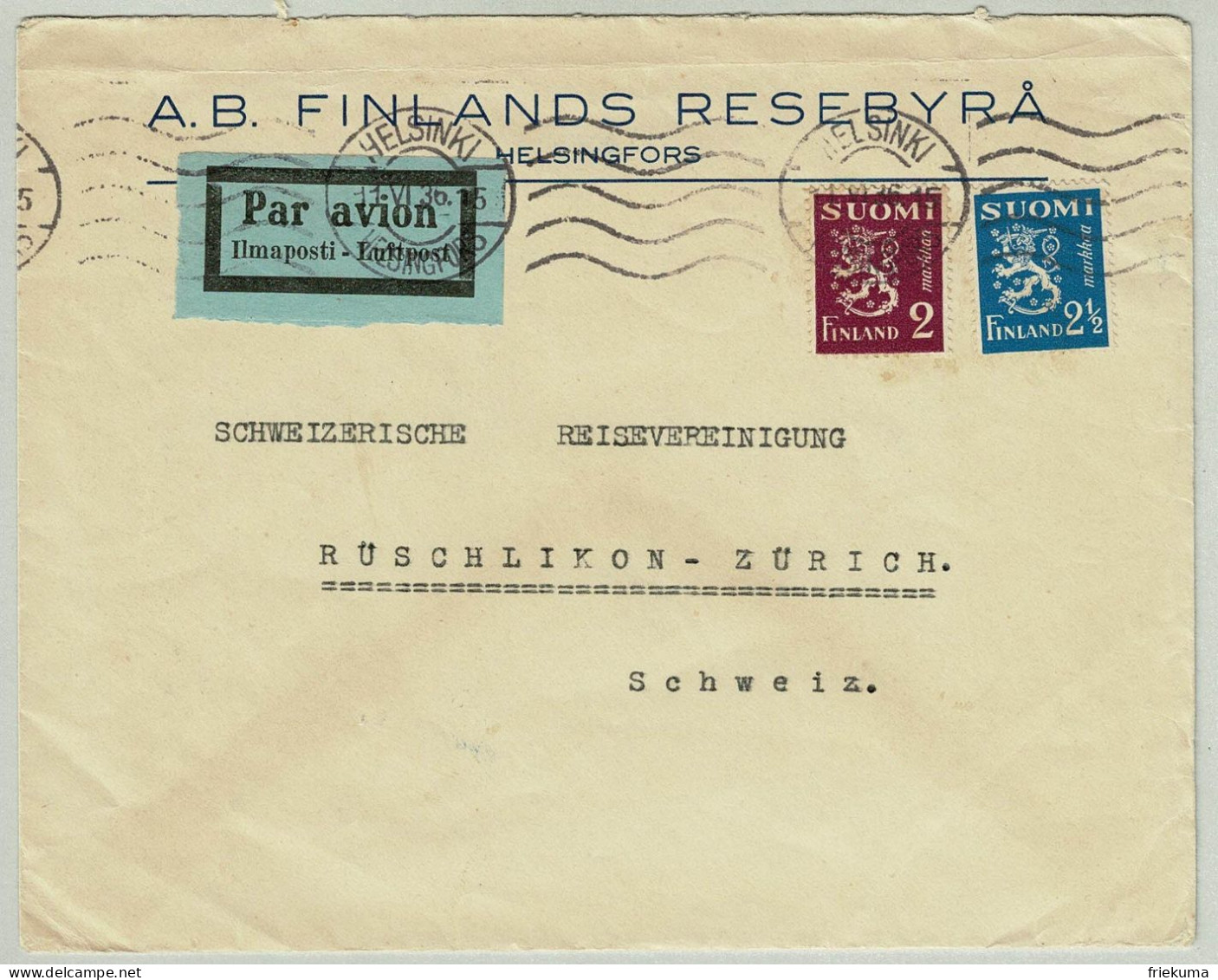 Finnland / Finland 1936, Luftpostbrief Helsinki - Rüschlikon (Schweiz), Rückseite Vignette Jeux Olympiques 1940 Finlande - Lettres & Documents
