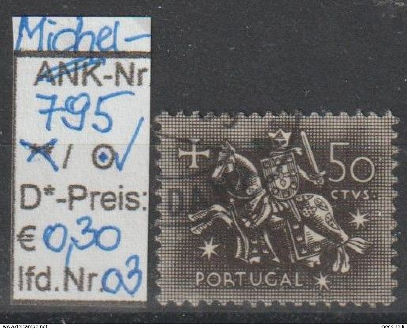 1953 - PORTUGAL - FM/DM "Ritter Zu Pferd" 0,50 C Schwarz - O Gestempelt - S.Scan  (port 795o 01-07) - Used Stamps