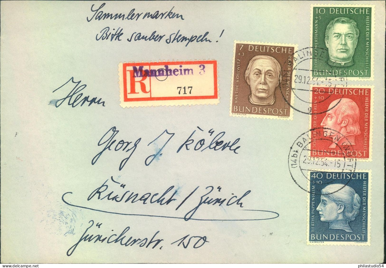 1954, Wohlfahrt Komplett Auf R-Brief Ab MANNHEIM - Storia Postale