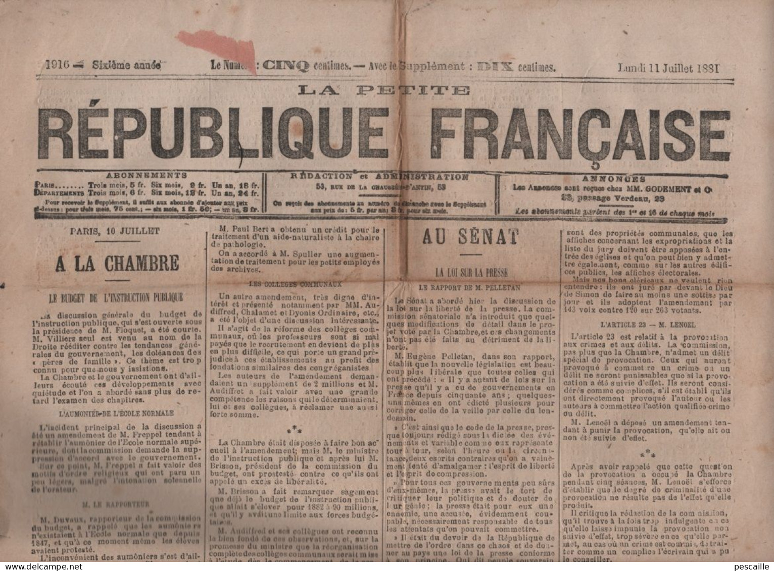 LA PETITE REPUBLIQUE FRANCAISE 11 07 1881 - BUDGET INSTRUCTION PUBLIQUE - LOI SUR LA PRESSE - TUNISIE - ALGERIE - ROANNE - 1850 - 1899