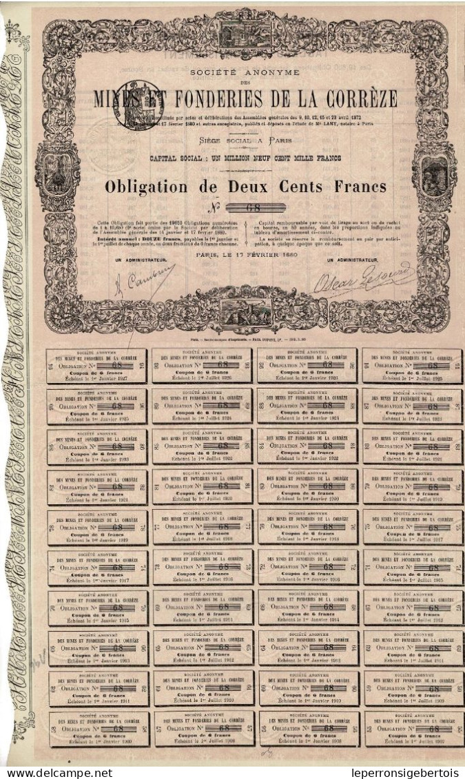 Obligation De 1880 - Société Anonyme Des Mines Et Fonderies De La Corrèze - Déco - Mines