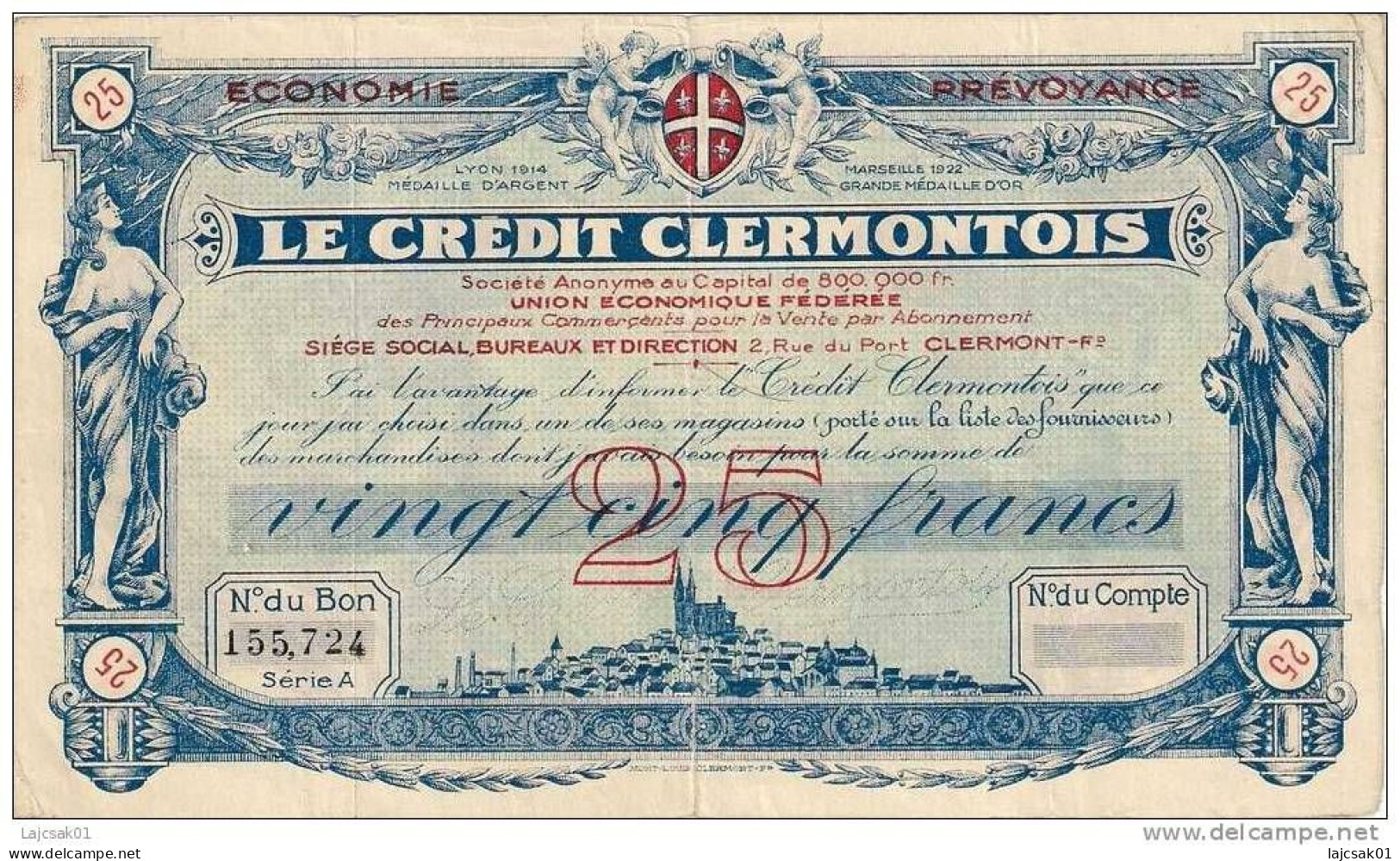 Le Crédit Clermontois 25 Francs Bon 1922. - Bons & Nécessité