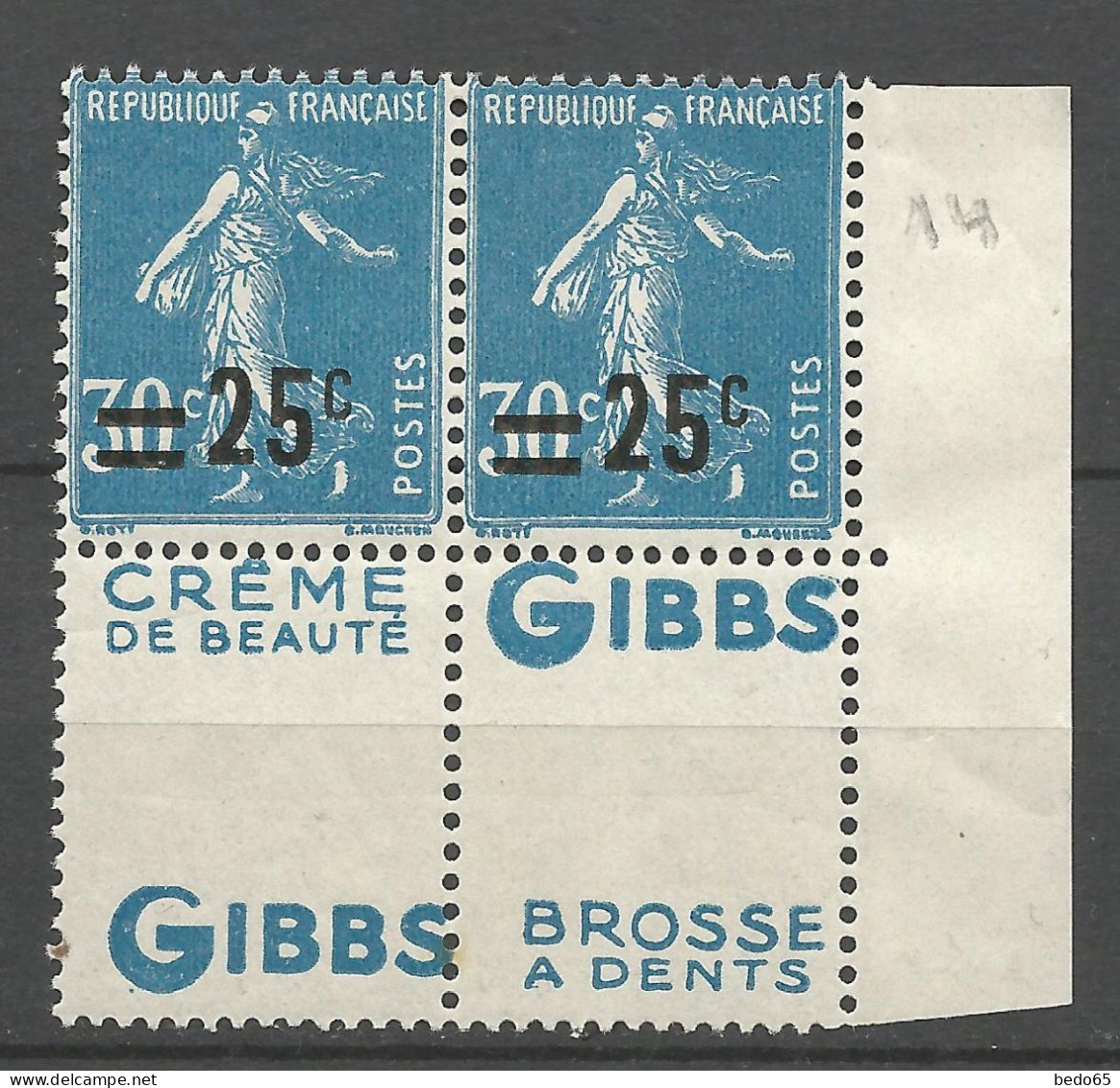 SEMEUSE Surchargé N° 217 Paire Double  Pub GIBBS NEUF** LUXE SANS CHARNIERE  / Hingeless /MNH - Unused Stamps