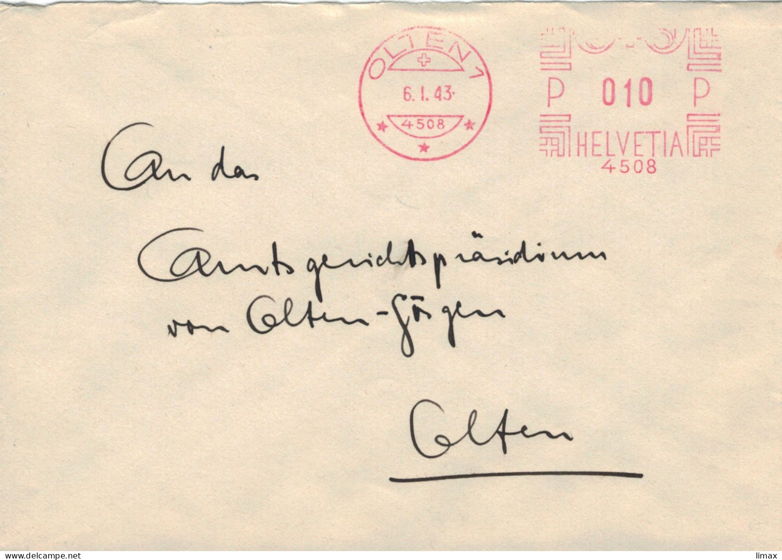 Olten STempel No. 4508 1943 - Ortsbrief - !! Rückseitige Lasche Fehlt !! - Postage Meters