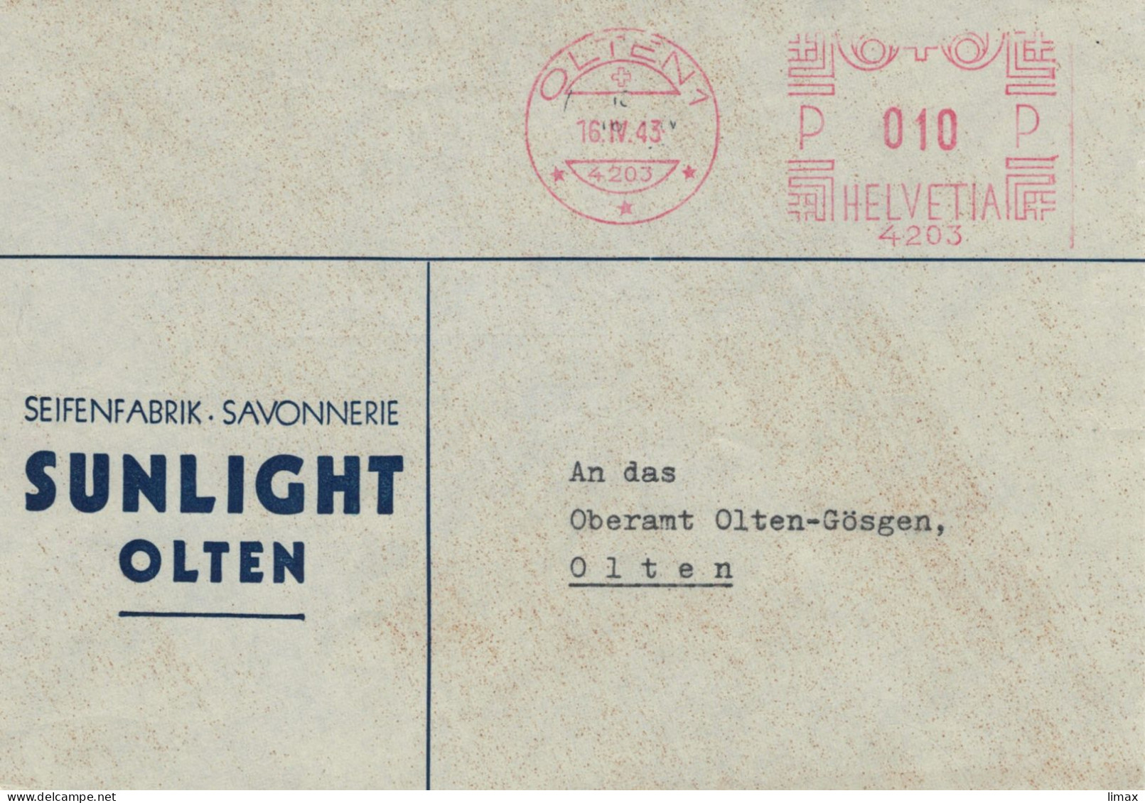 Seifenfabrik Savonnerie Sunlight Olten 1943 No. 4203 - Ortsbrief - Affranchissements Mécaniques