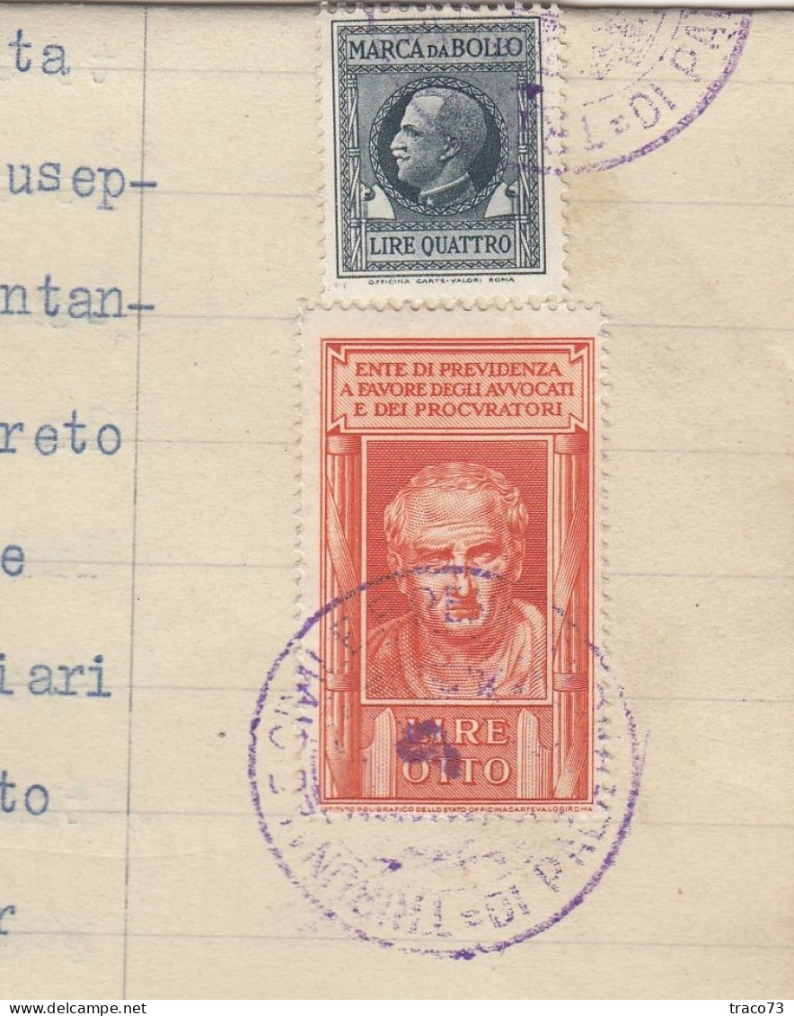 ENTE DI PREVIDENZA  A FAVORE DEGLI AVVOCATI E PROCURATORI _ 1942 /   MARCA  DA BOLLO Da Lire 8  Su Documento + Altro - Revenue Stamps