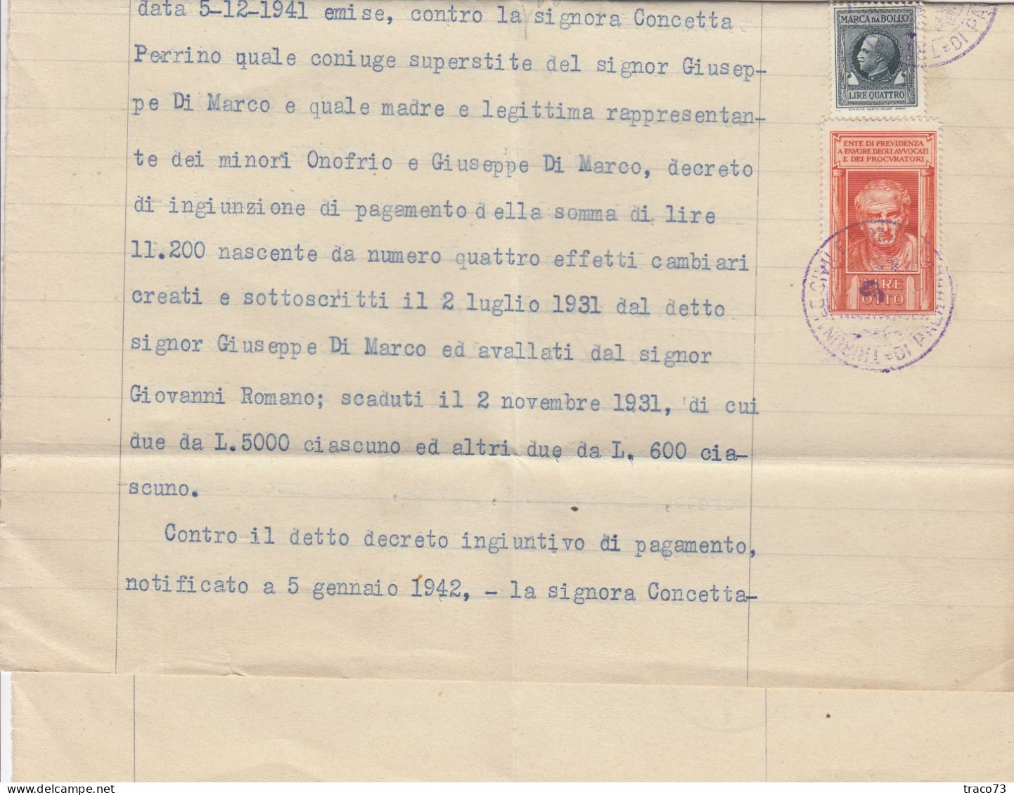 ENTE DI PREVIDENZA  A FAVORE DEGLI AVVOCATI E PROCURATORI _ 1942 /   MARCA  DA BOLLO Da Lire 8  Su Documento + Altro - Revenue Stamps