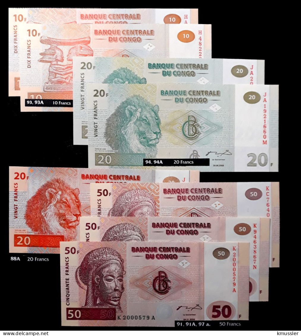 # # # Set 8 Banknoten Kongo (Congo) 10 Bis 50 Francs (P-93 Bis P-97) G&D/HdM UNC # # # - République Démocratique Du Congo & Zaïre