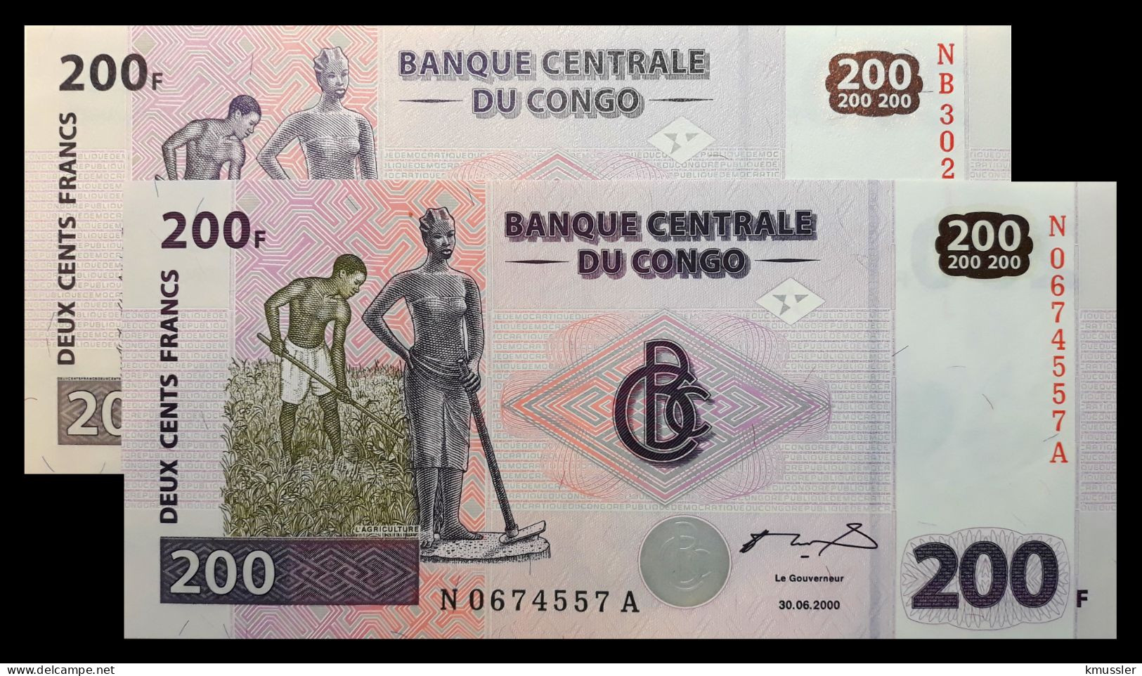 # # # Paar Banknoten Kongo (Congo) 200 Francs 2000/2007 UNC # # # - Democratic Republic Of The Congo & Zaire