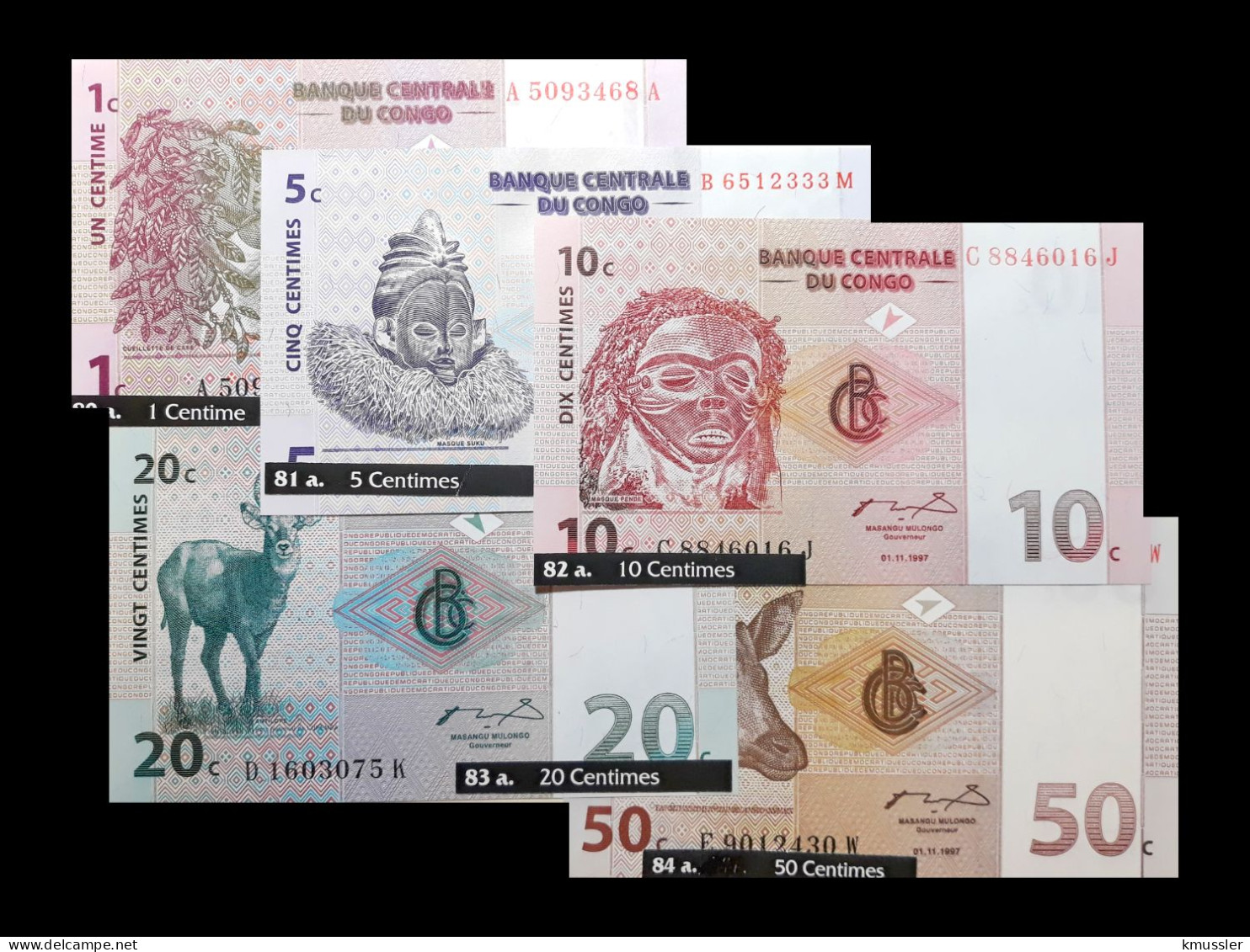 # # # Set 5 Banknoten Kongo (Congo) 1 Bis 50 Francs (P-80 Bis P-P84) UNC # # # - Demokratische Republik Kongo & Zaire