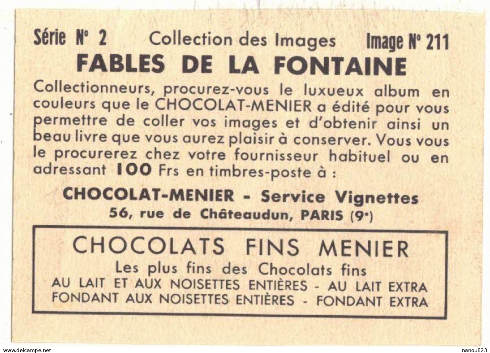 IMAGE CHROMO CHOCOLAT MENIER SERIE 2 N° 211 FABLES DE JEAN DE LA FONTAINE LE CHARTIER EMBOURBE METIER CHARRETIER HACHE - Menier