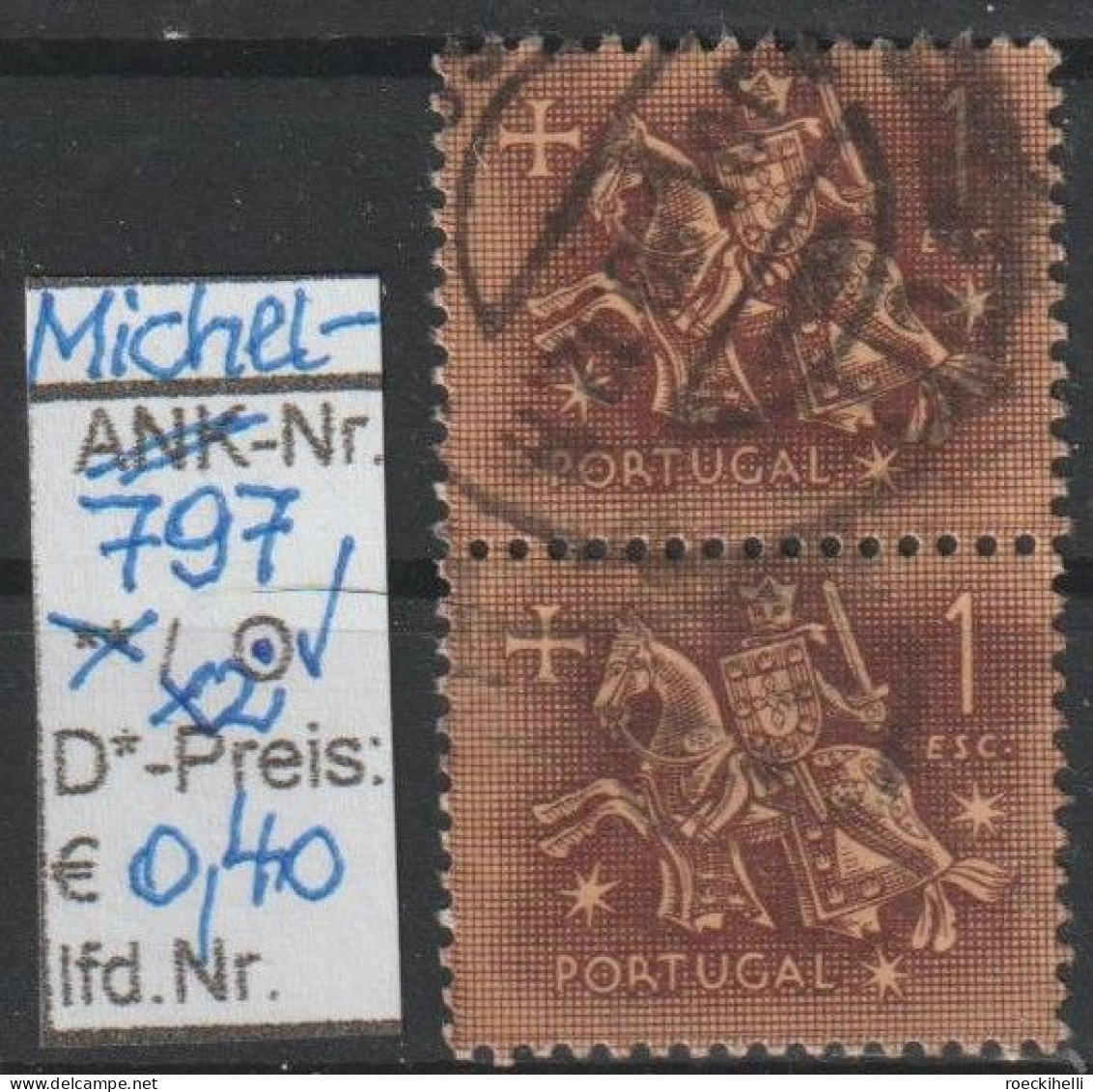 1953 - PORTUGAL - FM/DM "Ritter Zu Pferd" 1 E Karminbraun - 2x O Gestempelt - S.Scan  (port 797o X2) - Used Stamps