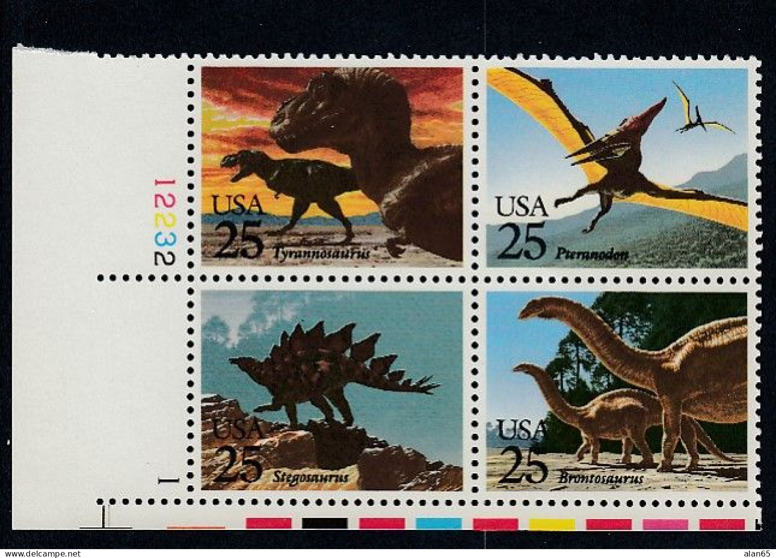 Sc#2422-2425, Prehistoric Animals, Dinosaurs, 25-cent 1989 Issue, Plate # Block Of 4 MNH US Postage Stamps - Plaatnummers