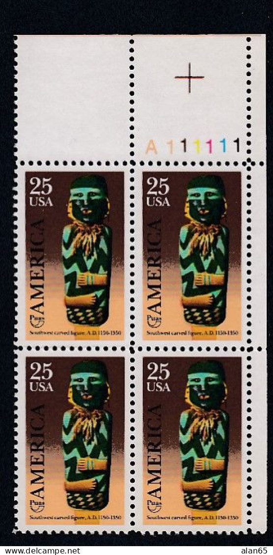 Sc#2426, Pre-Columbian America, Art, 25-cent 1989 Issue, Plate # Block Of 4 MNH US Postage Stamps - Plattennummern