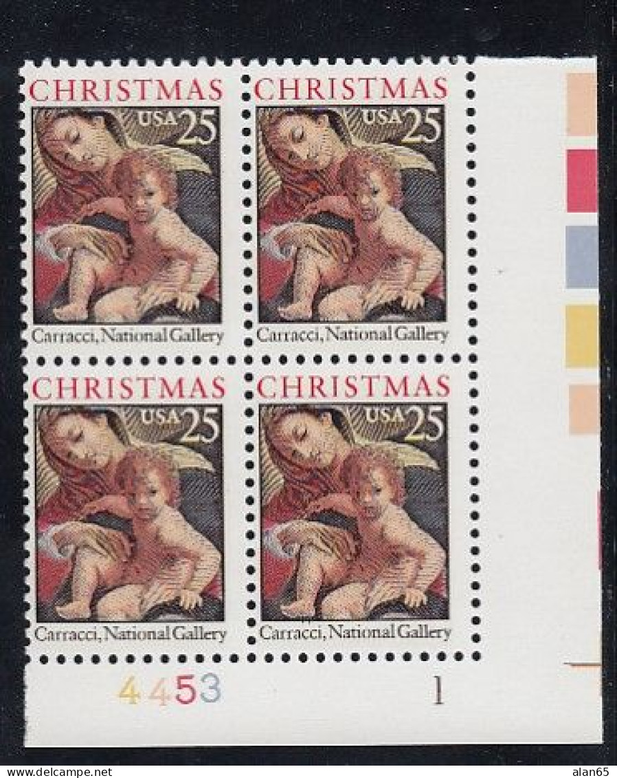 Sc#2427, Madonna And Child By Carracci Christmas, 25-cent 1989 Issue, Plate # Block Of 4 MNH US Postage Stamps - Plaatnummers