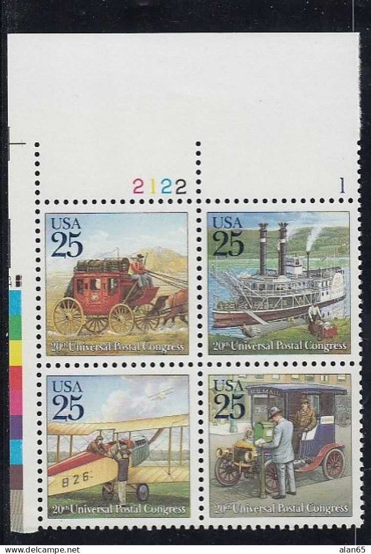 Sc#2434-2437 20th UPU Congress, Traditional Mail Delivery, 25-cent 1989 Issue, Plate # Block Of 4 MNH US Postage Stamps - Plaatnummers