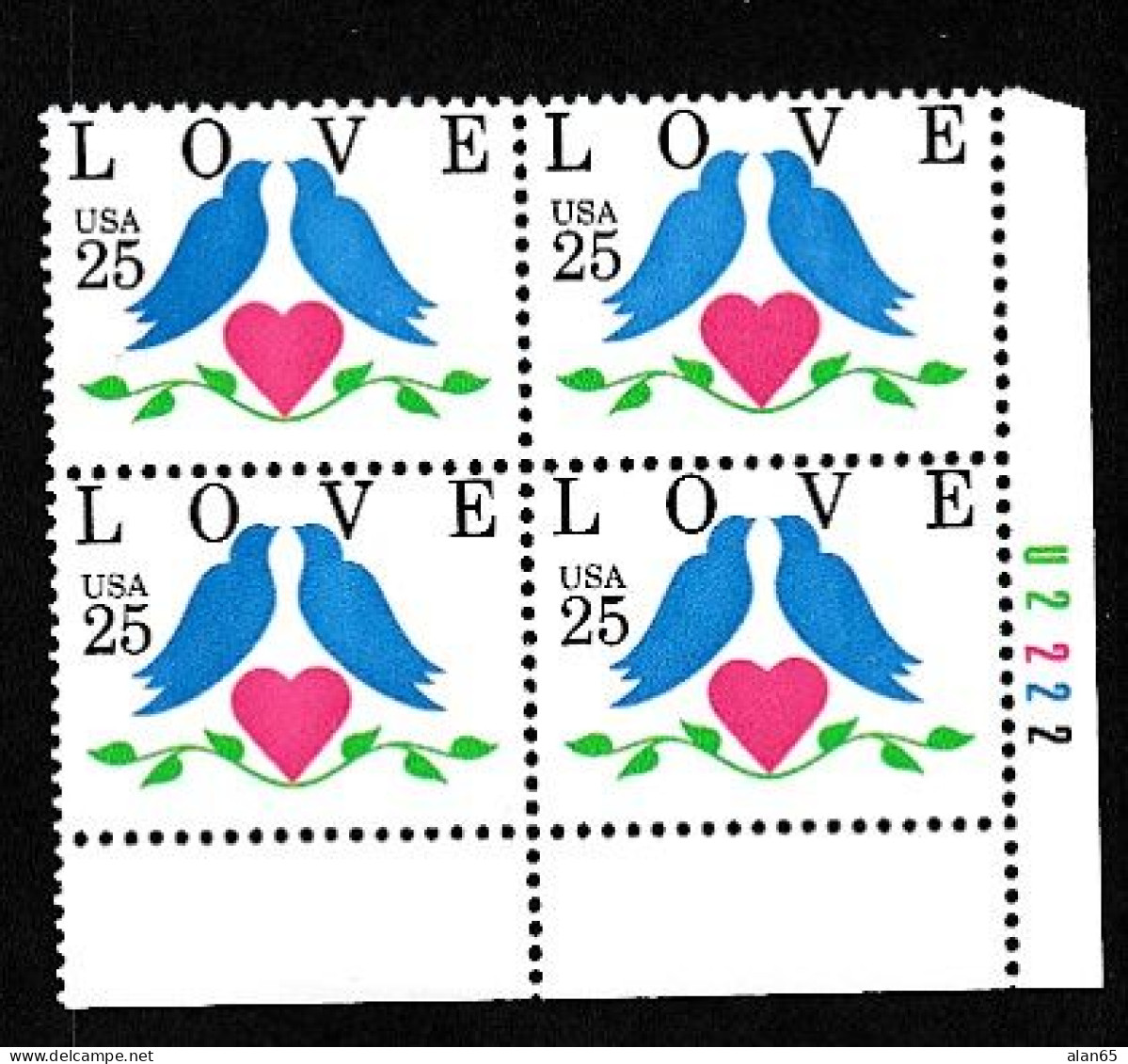 Sc#2440 'Love' Birds And Heart, 25-cent 1990 Issue, Plate # Block Of 4 MNH US Postage Stamps - Plate Blocks & Sheetlets