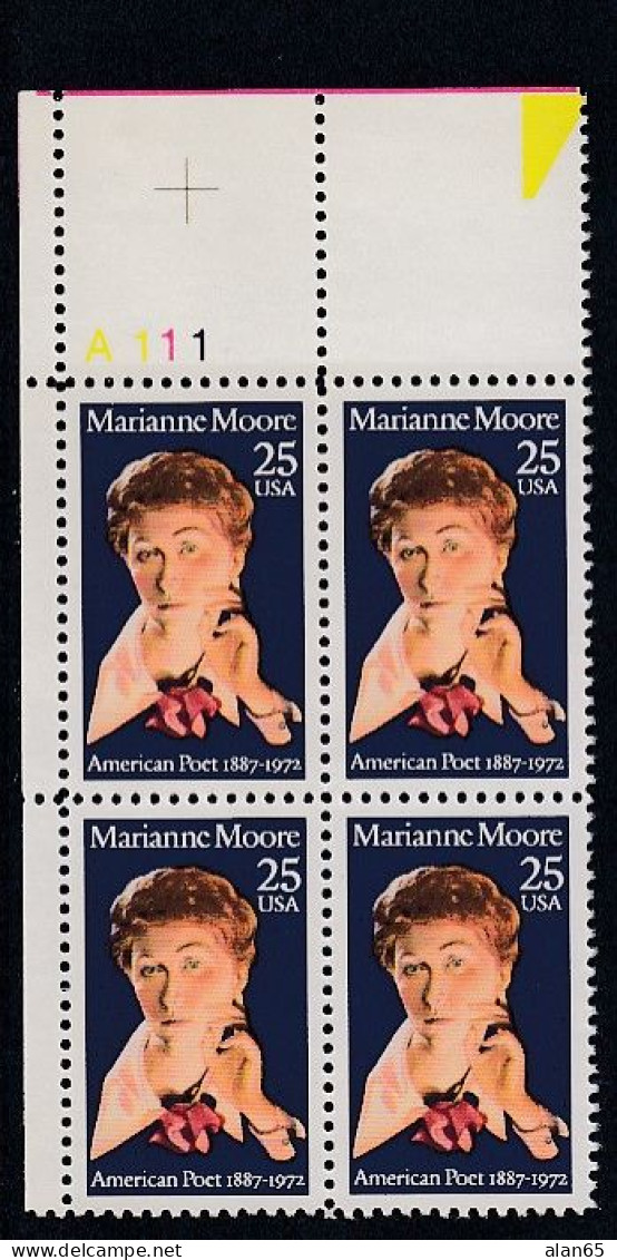 Sc#2449 Literary Arts Series, Marianne Moore Poet, 25-cent 1990 Issue, Plate # Block Of 4 MNH US Postage Stamps - Plattennummern