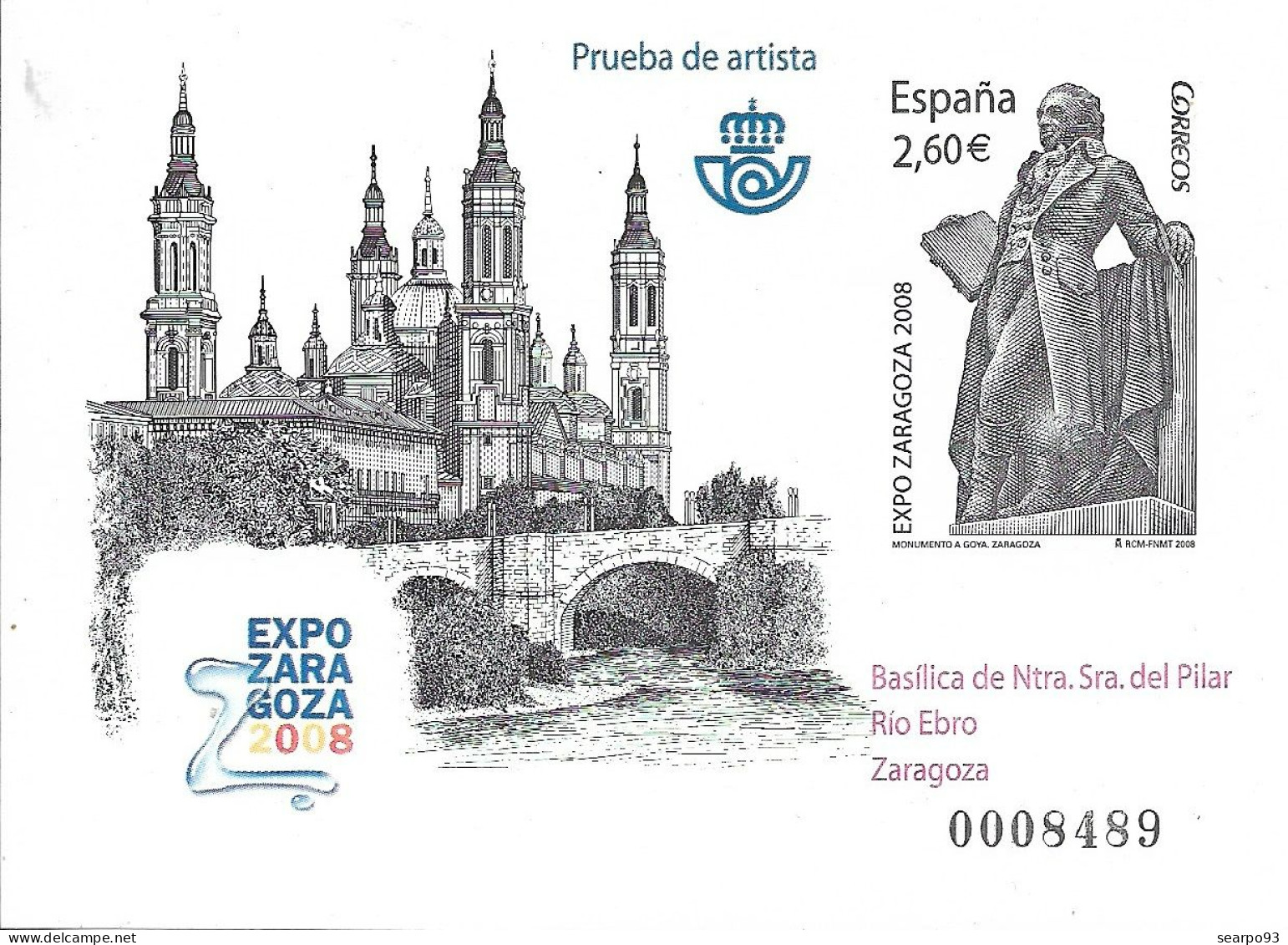 ESPAÑA. PRUEBA DE ARTISTA. EXPO'2008 ZARAGOZA. GOYA. EL PILAR - Sonstige & Ohne Zuordnung